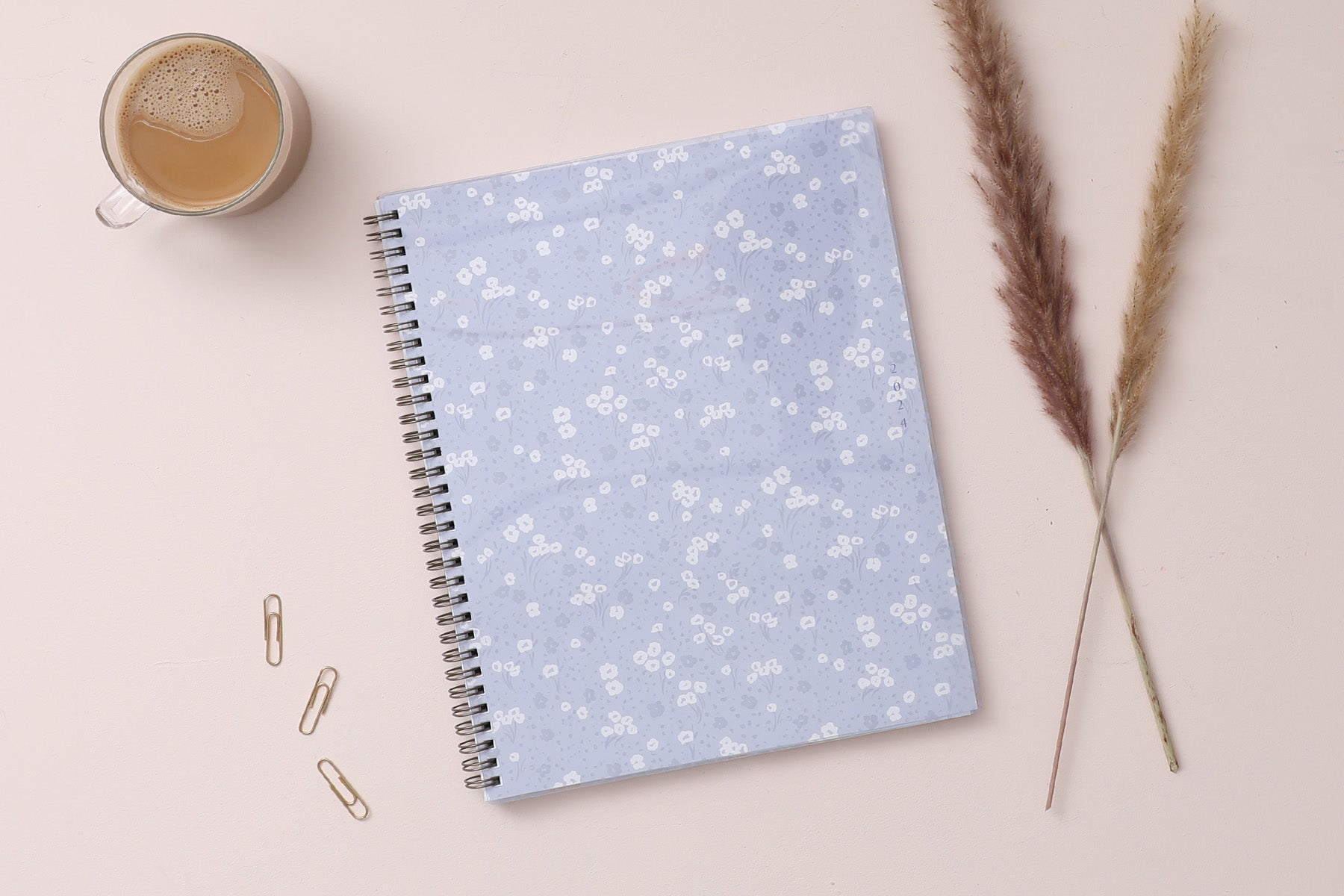 cute white poppy flower on a light blue background 8.5x11 planner size for Jan 2024 - Dec 2024