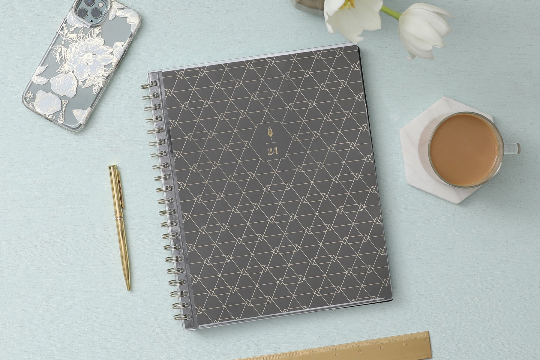 January 2024 - December 2024 geometric front cover gold twin wire-o dark charcoal background cover
