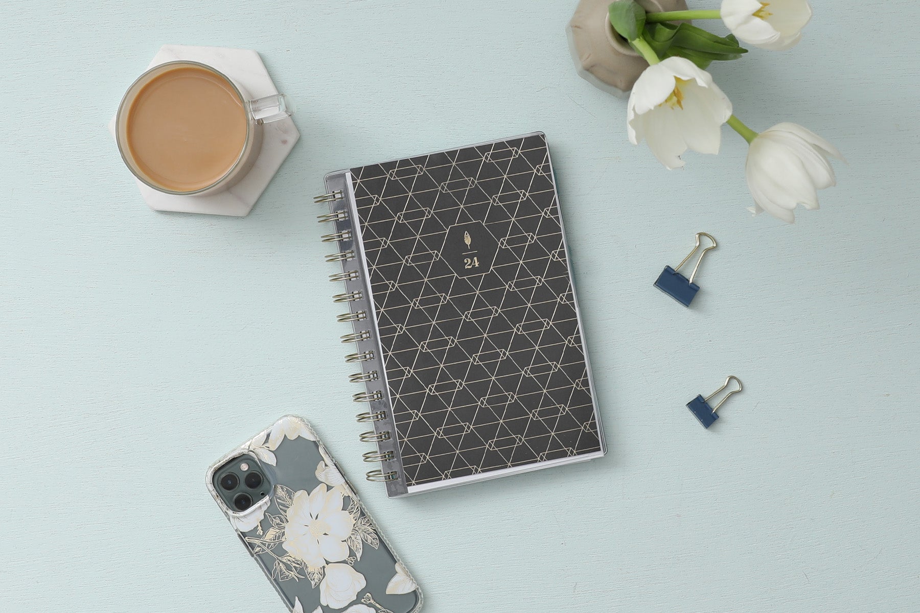 January 2024 - December 2024 geometric front cover gold twin wire-o dark charcoal background cover