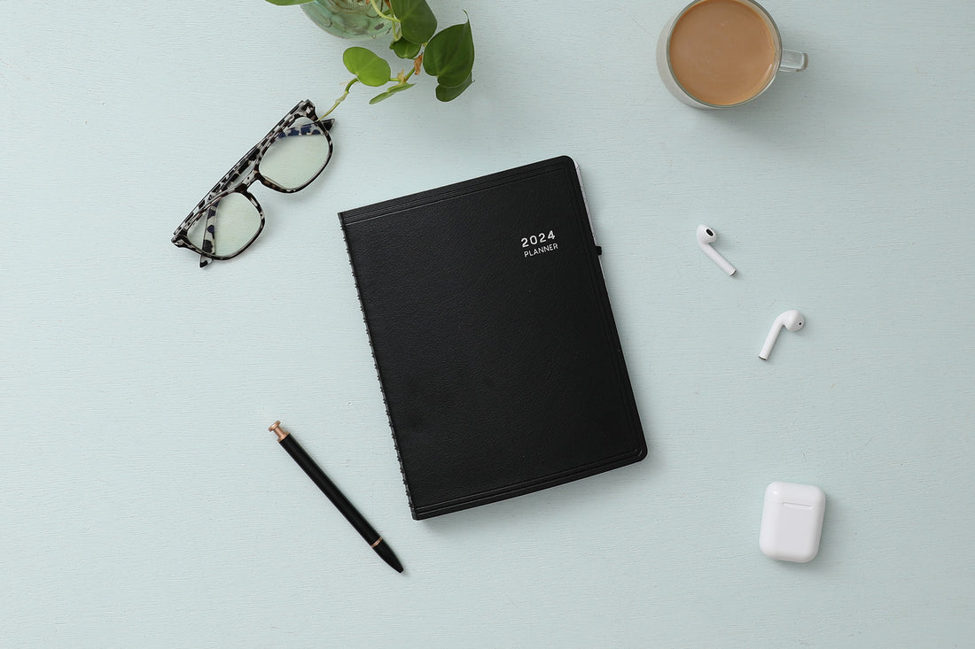 Classy and executive black pajco lexide cover for this 2024monthly planner notes in 5.875 x 8.625 size from Blue Sky