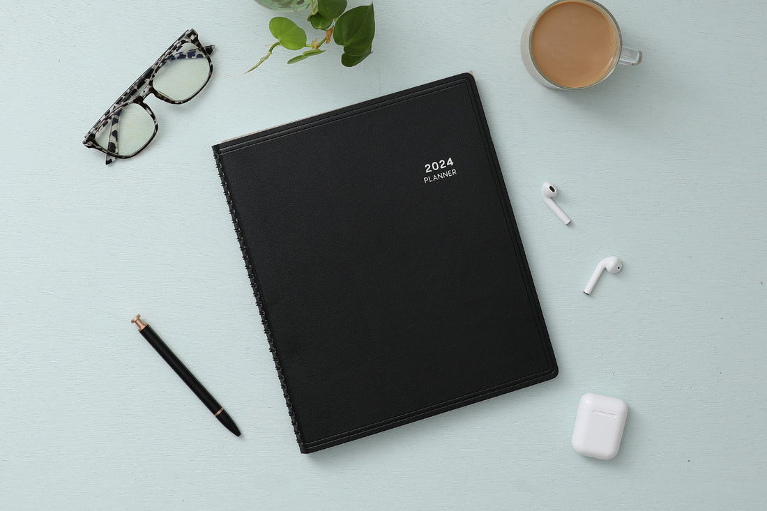 Classy and executive black pajco lexide cover for this 2024 weekly monthly planner notes in 8.5x11 size from Blue Sky