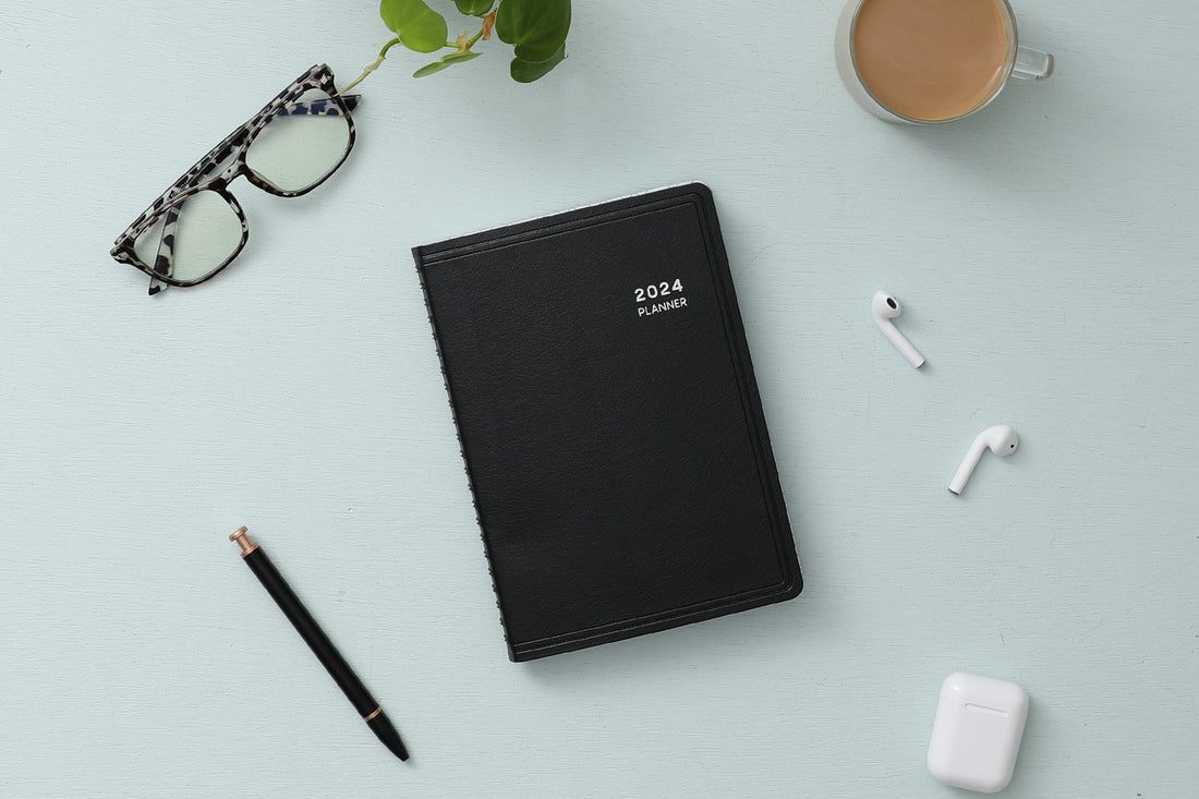 Classy and executive black pajco lexide cover for this 2024 weekly monthly planner notes in 5x8size from Blue Sky