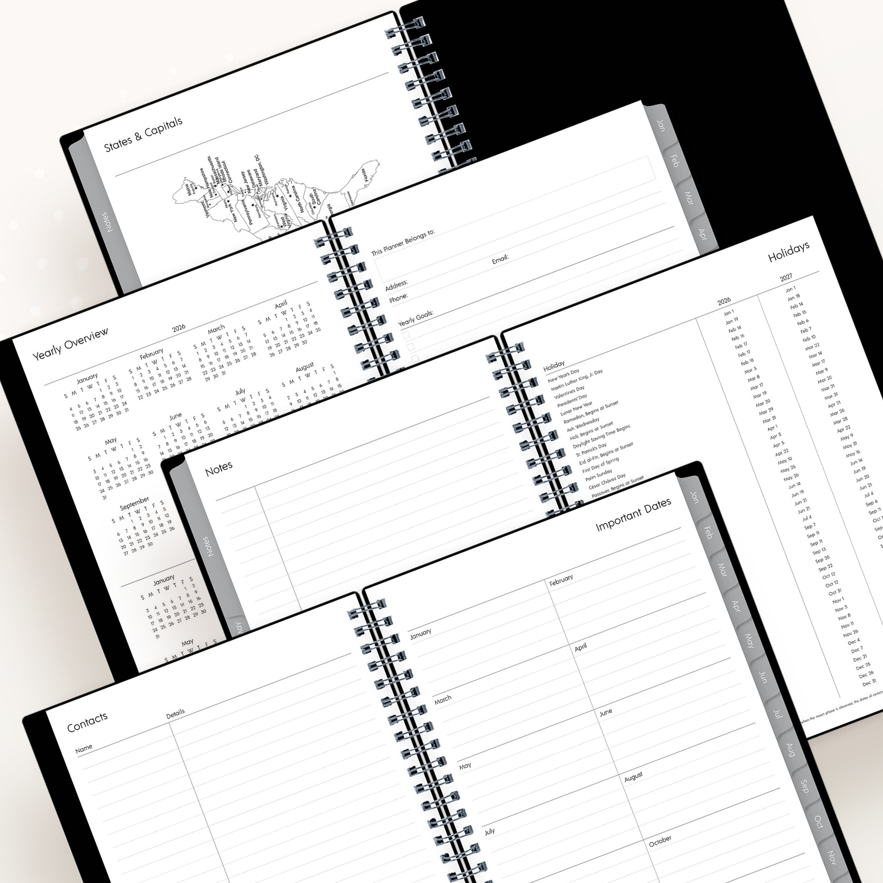 States and capitals, yearly overview for 2026 and 2027, notes section, and contacts page.