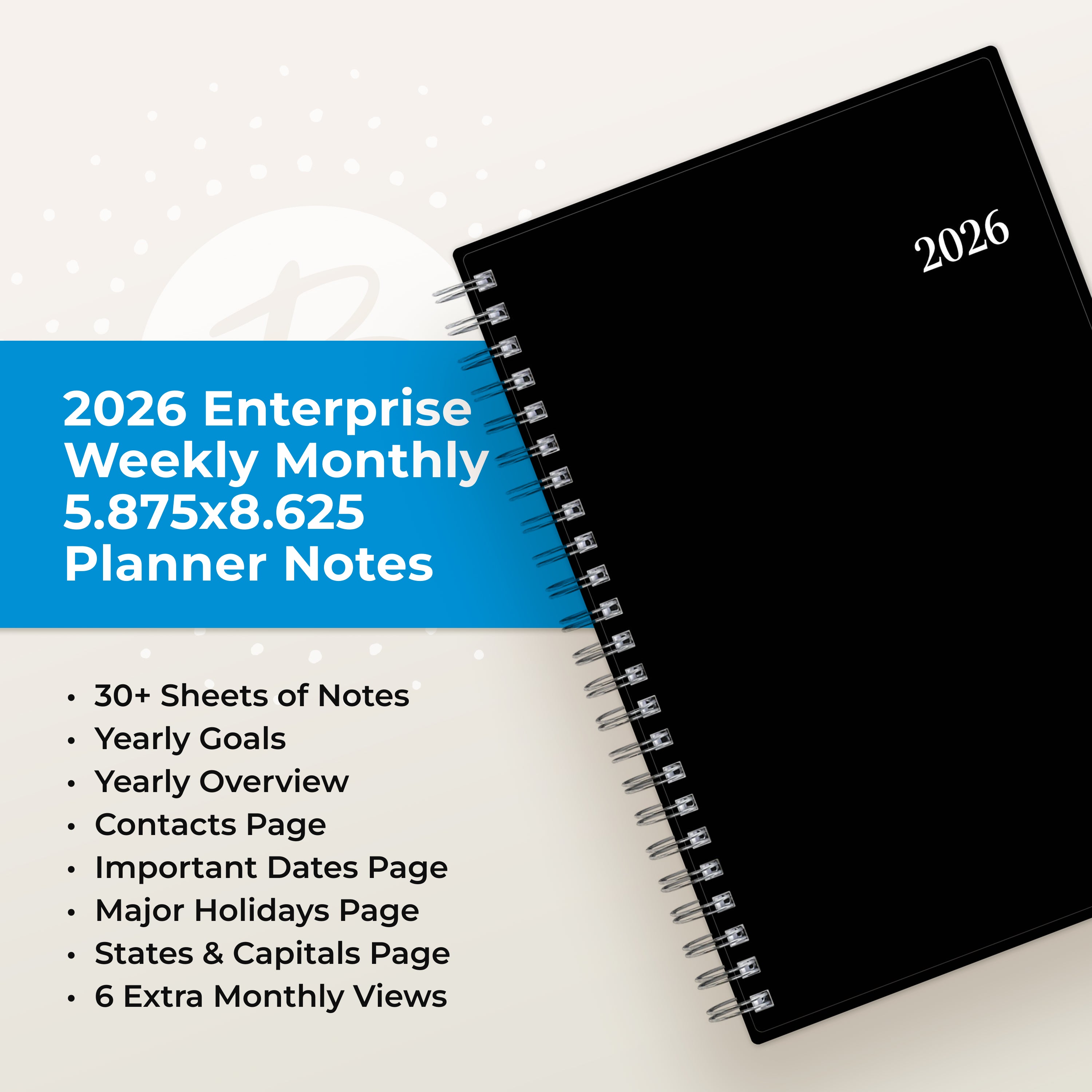 feature callout for this 2026 planner includes notes pages, goals, overview, dates page, holidays.