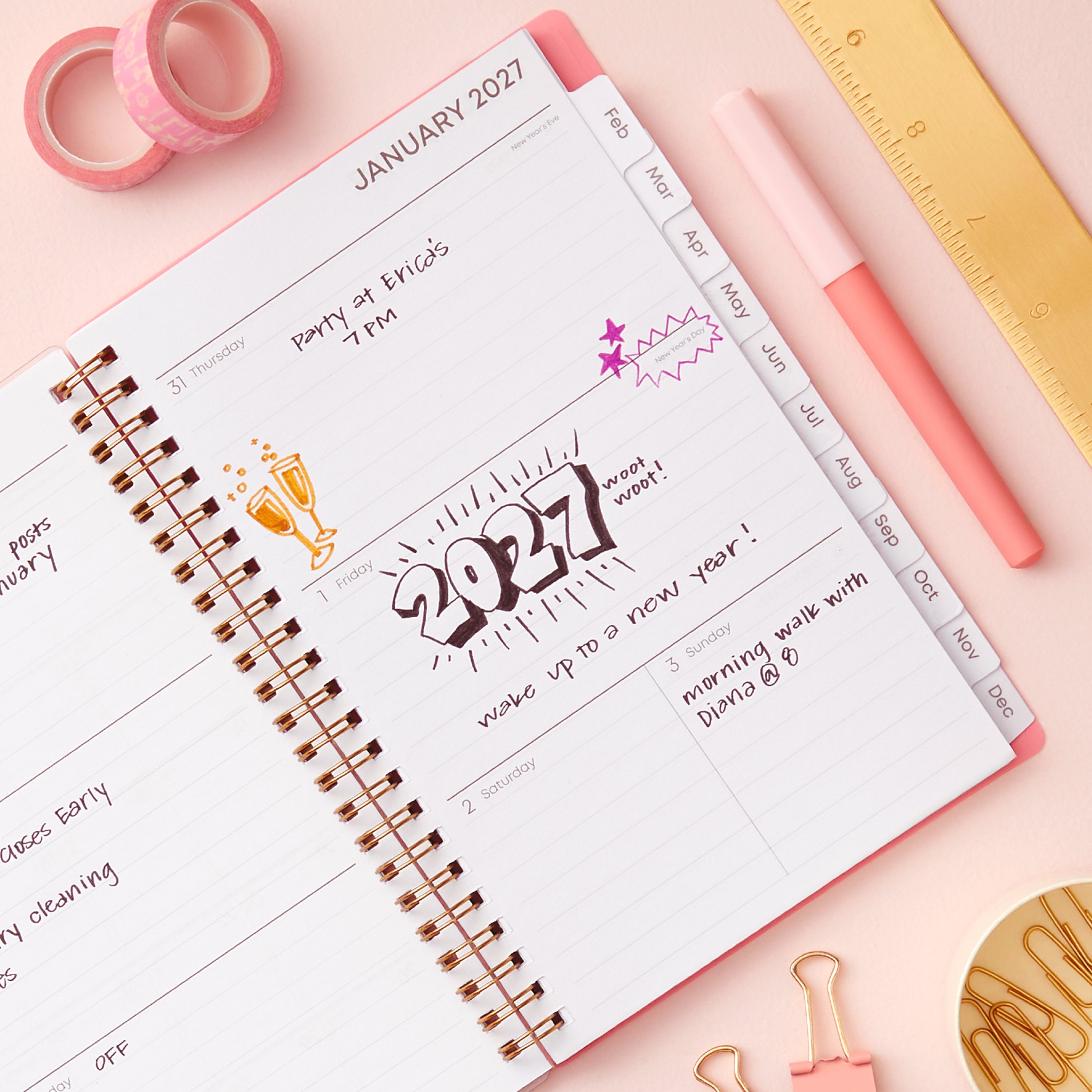 2027 weekly spread features ample lined writing space for to do lists, notes section, reference calendars, bullet points, and monthly tabs