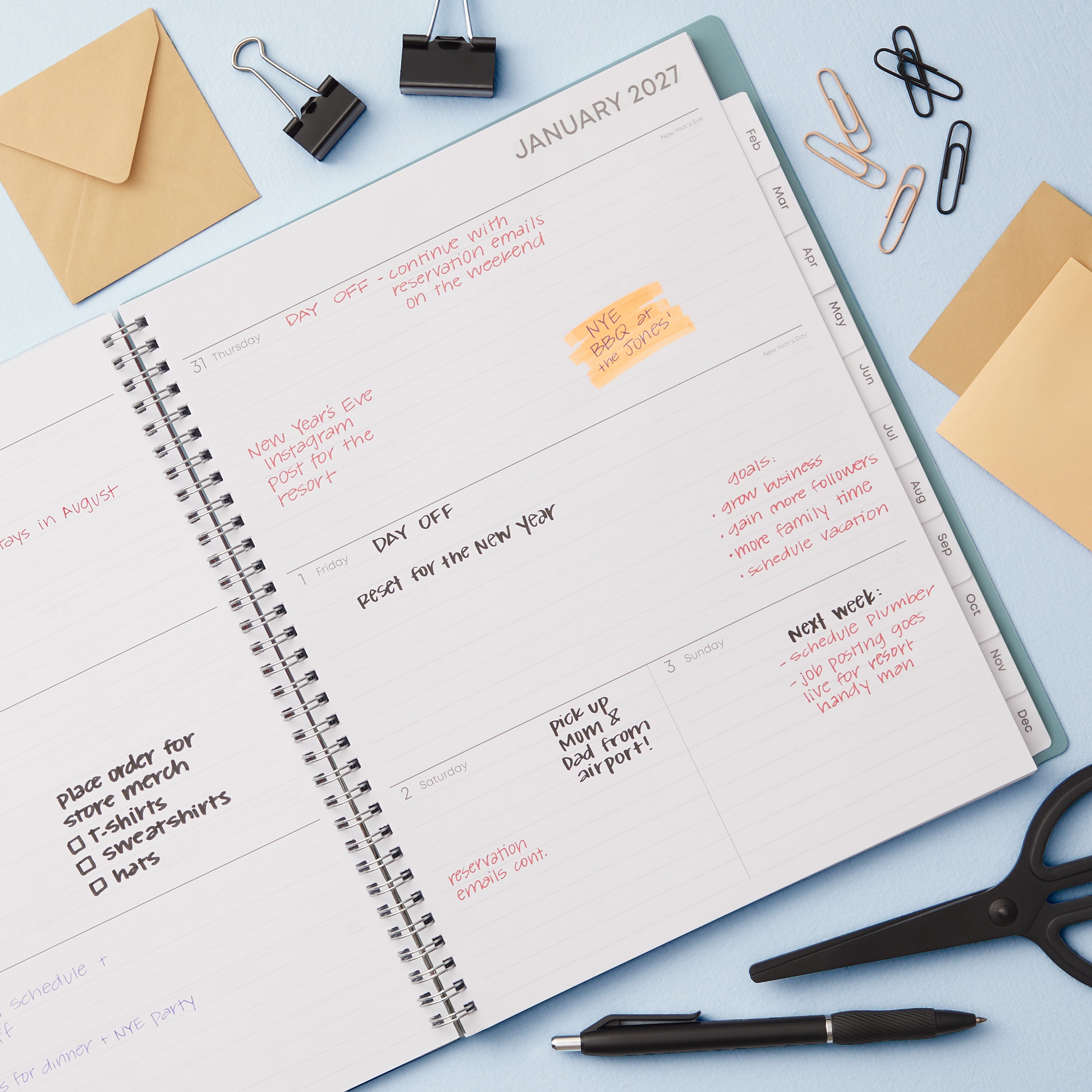 2027 weekly spread features ample lined writing space for to do lists, notes section, reference calendars, bullet points, and monthly tabs