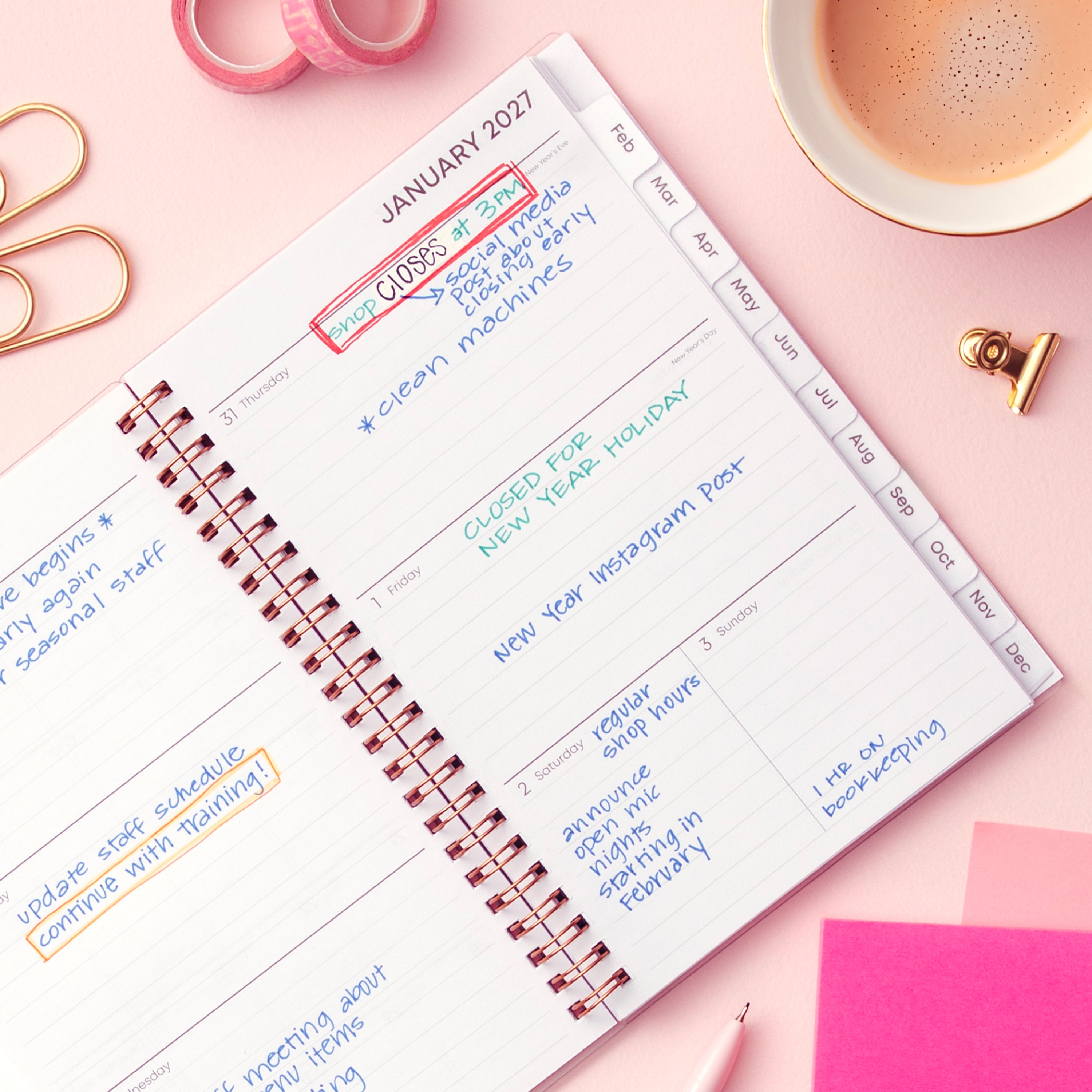 2027 weekly spread features ample lined writing space for to do lists, notes section, reference calendars, bullet points, and monthly tabs