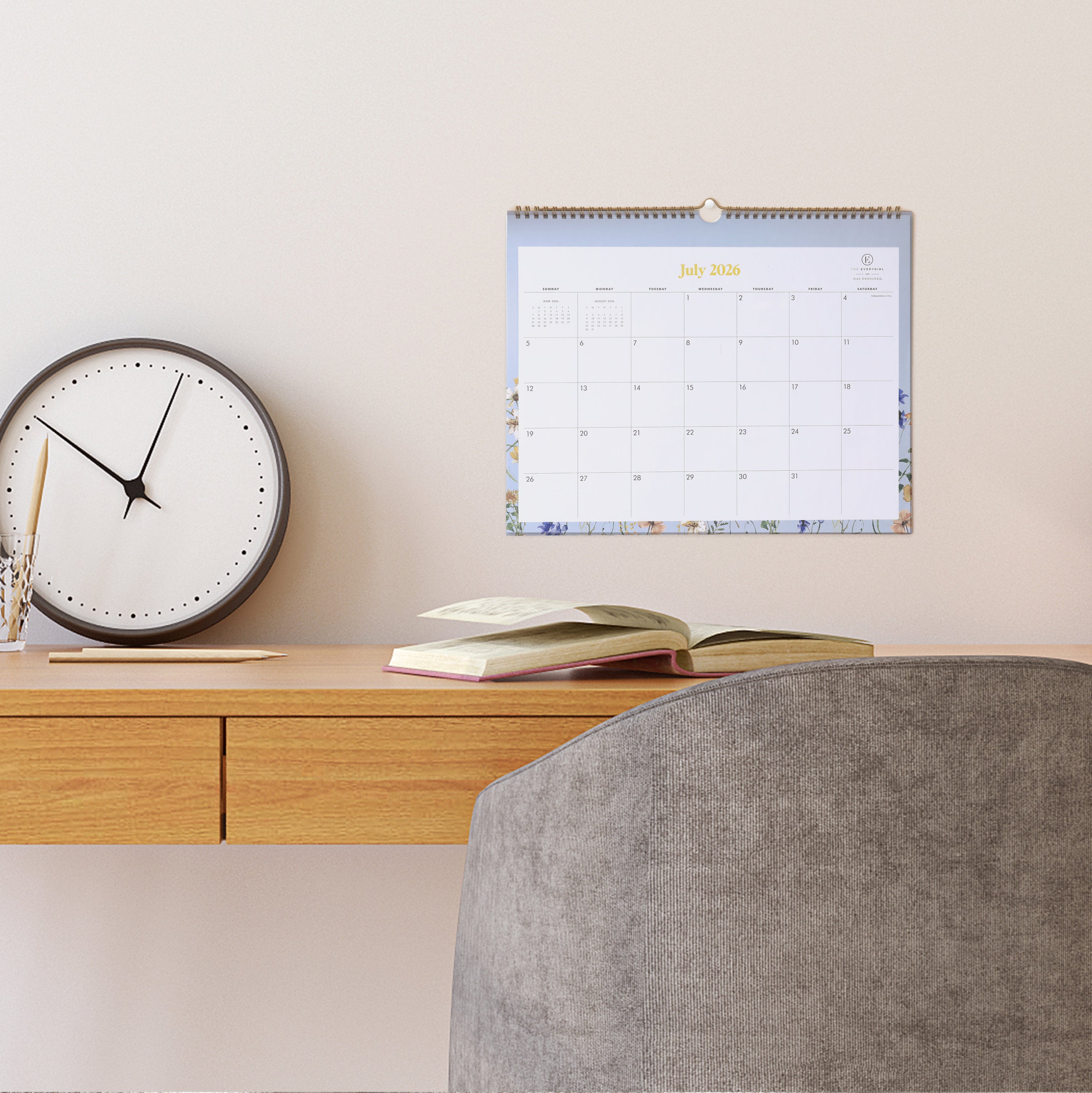 Calendar for July 2026-June 2027 with floral design and motivational stickers on a white background, ample blank writing space and reference calendars