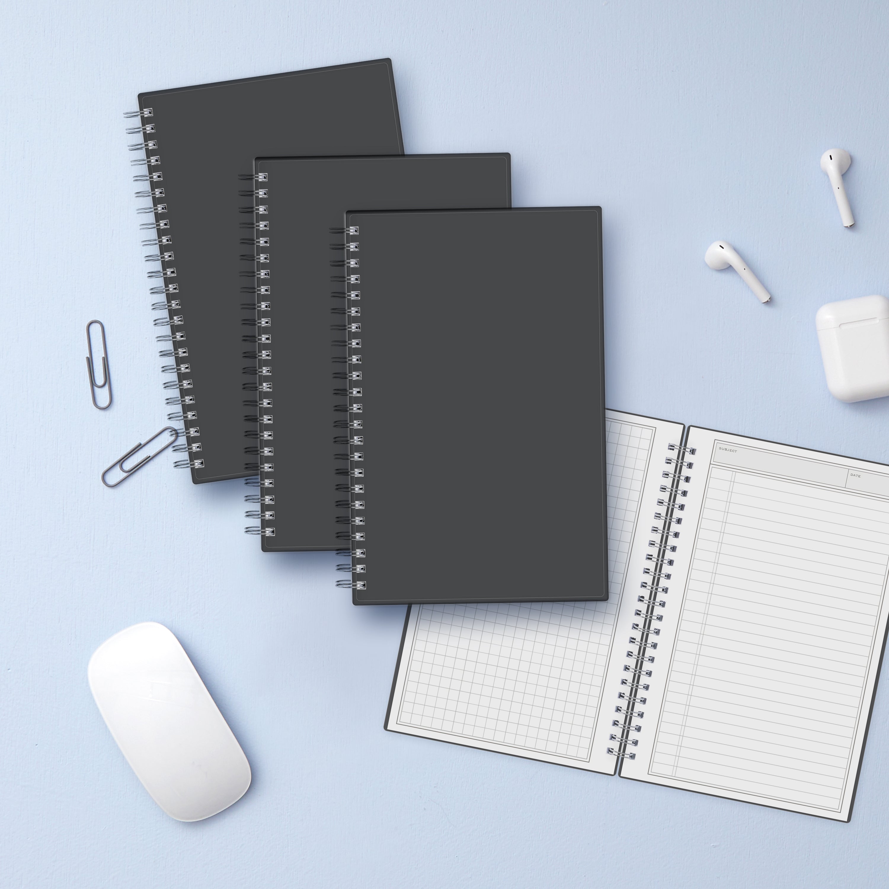 charcoal front cover on this professional notebook in 5.5 x 8.5 size in 4-pack size