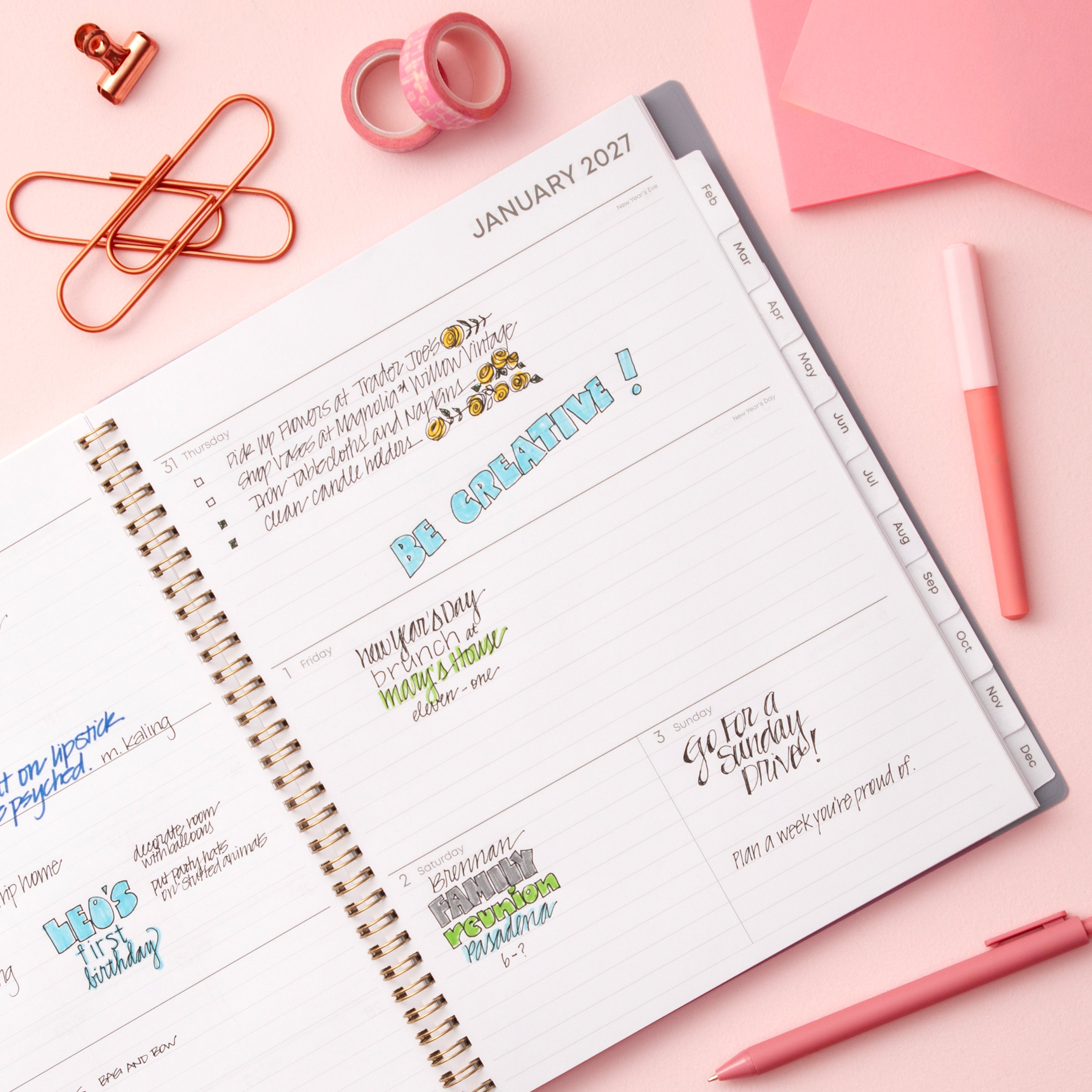2027 weekly spread features ample lined writing space for to do lists, notes section, reference calendars, bullet points, and monthly tabs