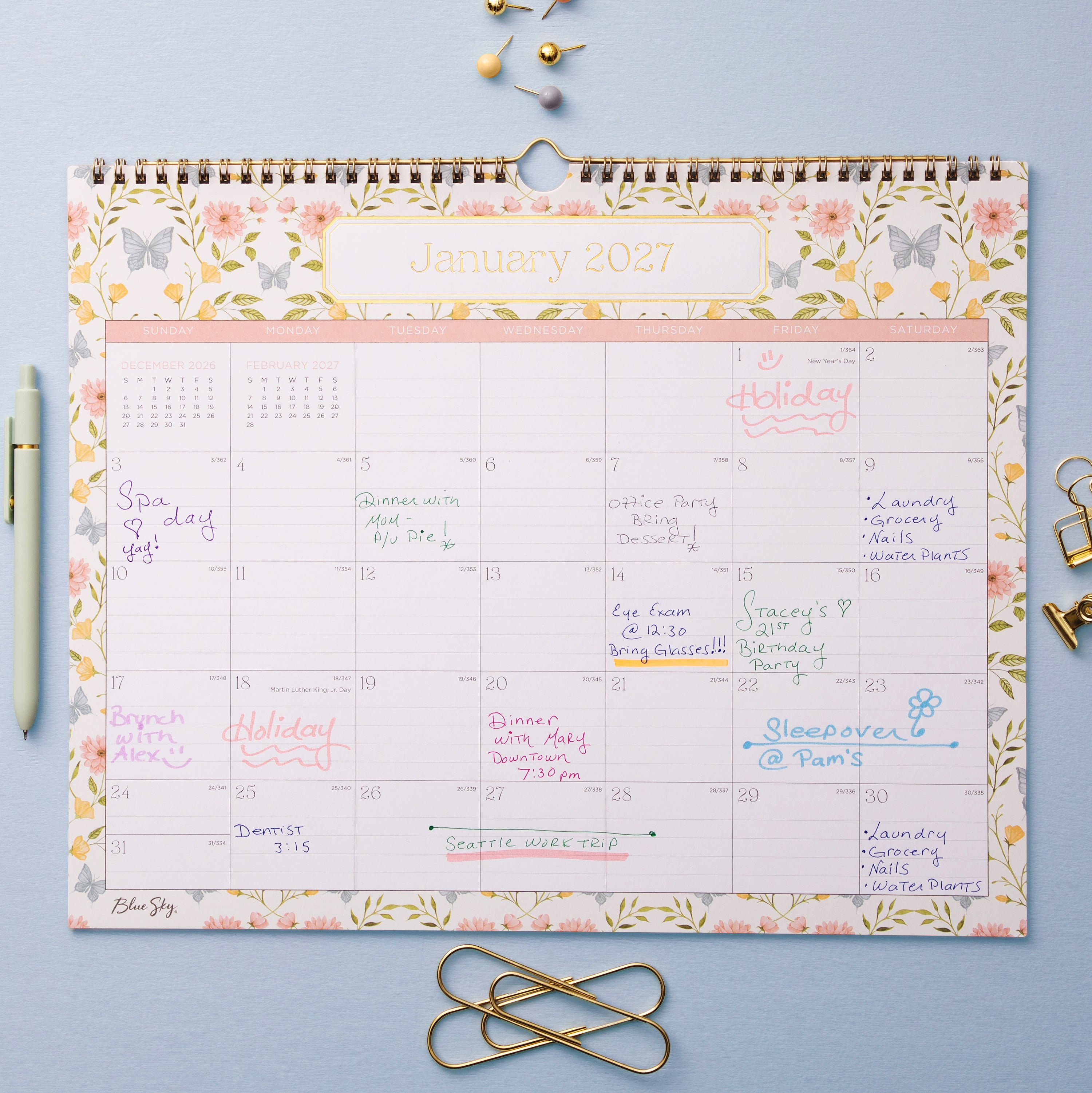 Floral and butterfly design calendar for January 2027 on a white background in 15x12 size with lined writing space and reference calendars