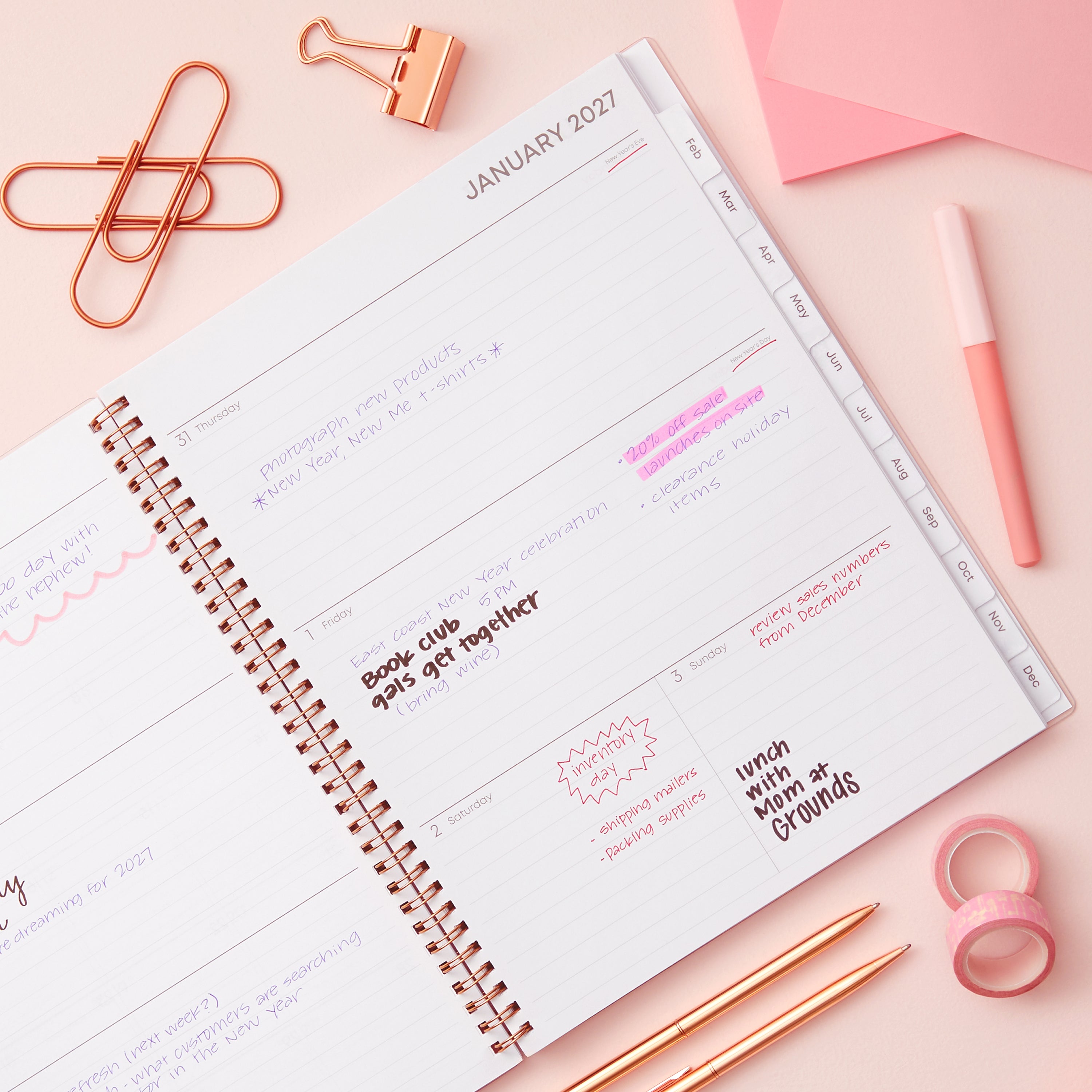 2027 weekly spread features ample lined writing space for to do lists, notes section, reference calendars, bullet points, and monthly tabs