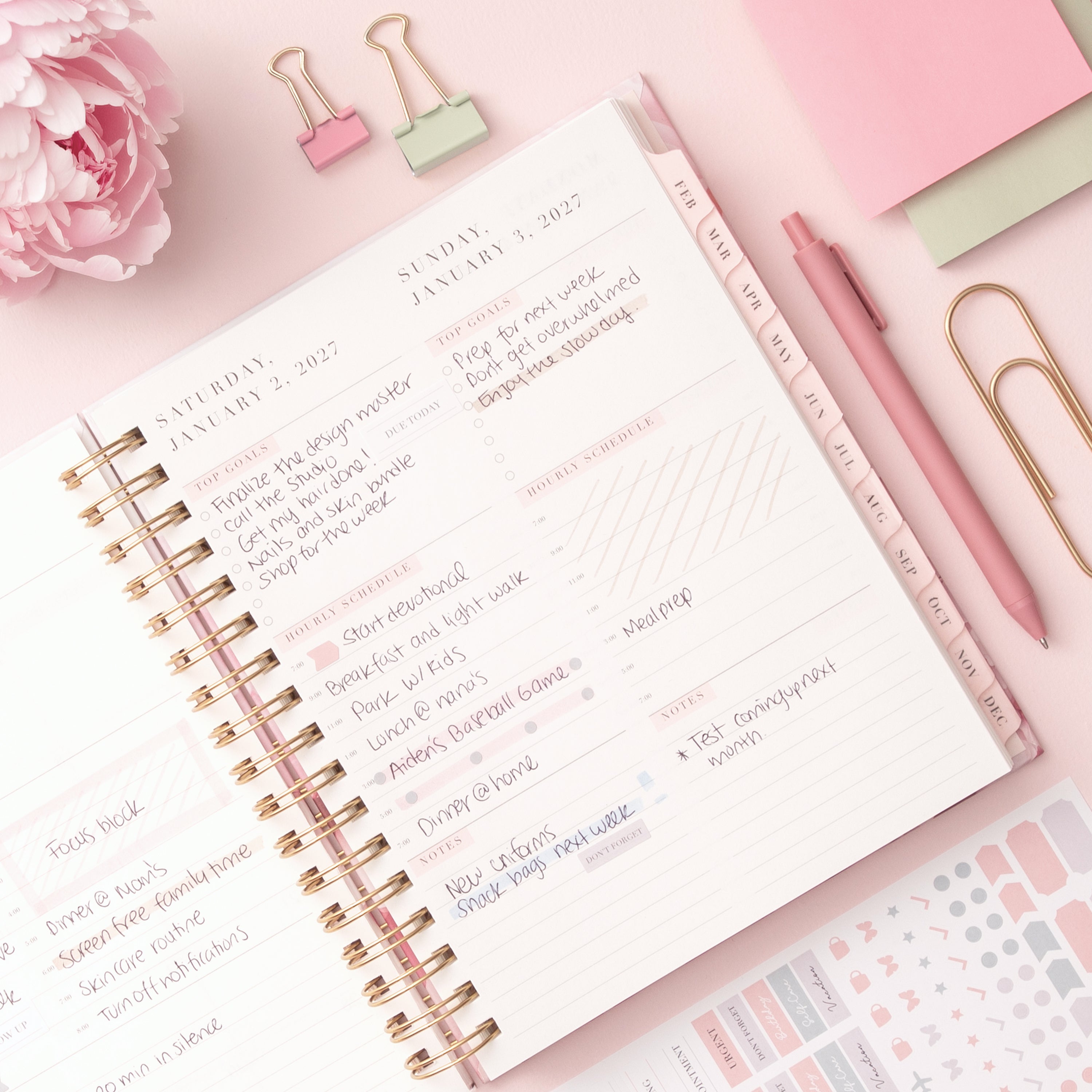 this daily planner features an hourly layout with vertical planning, bullet points, lined writing space, and ample room for notes