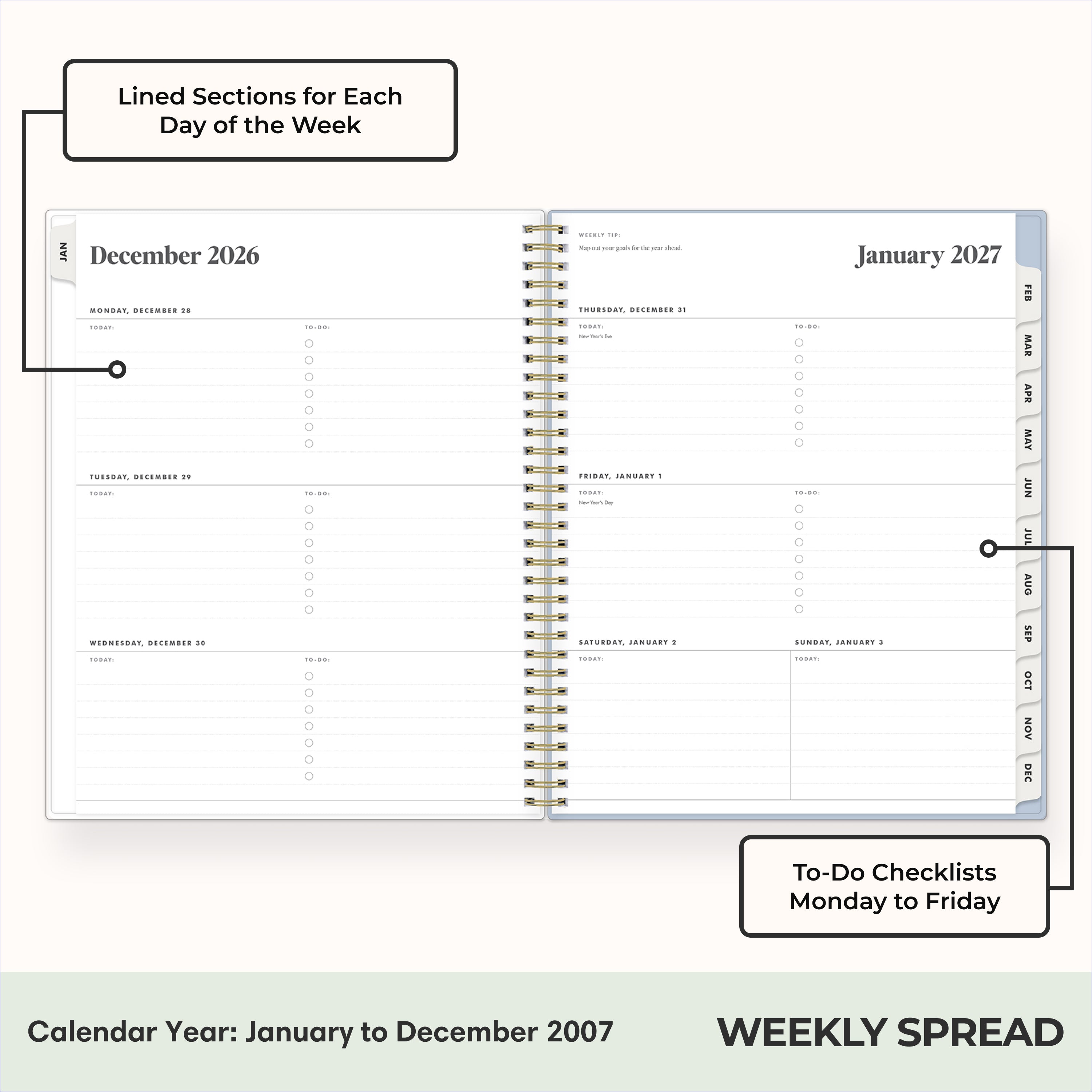 2027 weekly spread features ample lined writing space for to do lists, notes section, reference calendars, bullet points, and monthly tabs