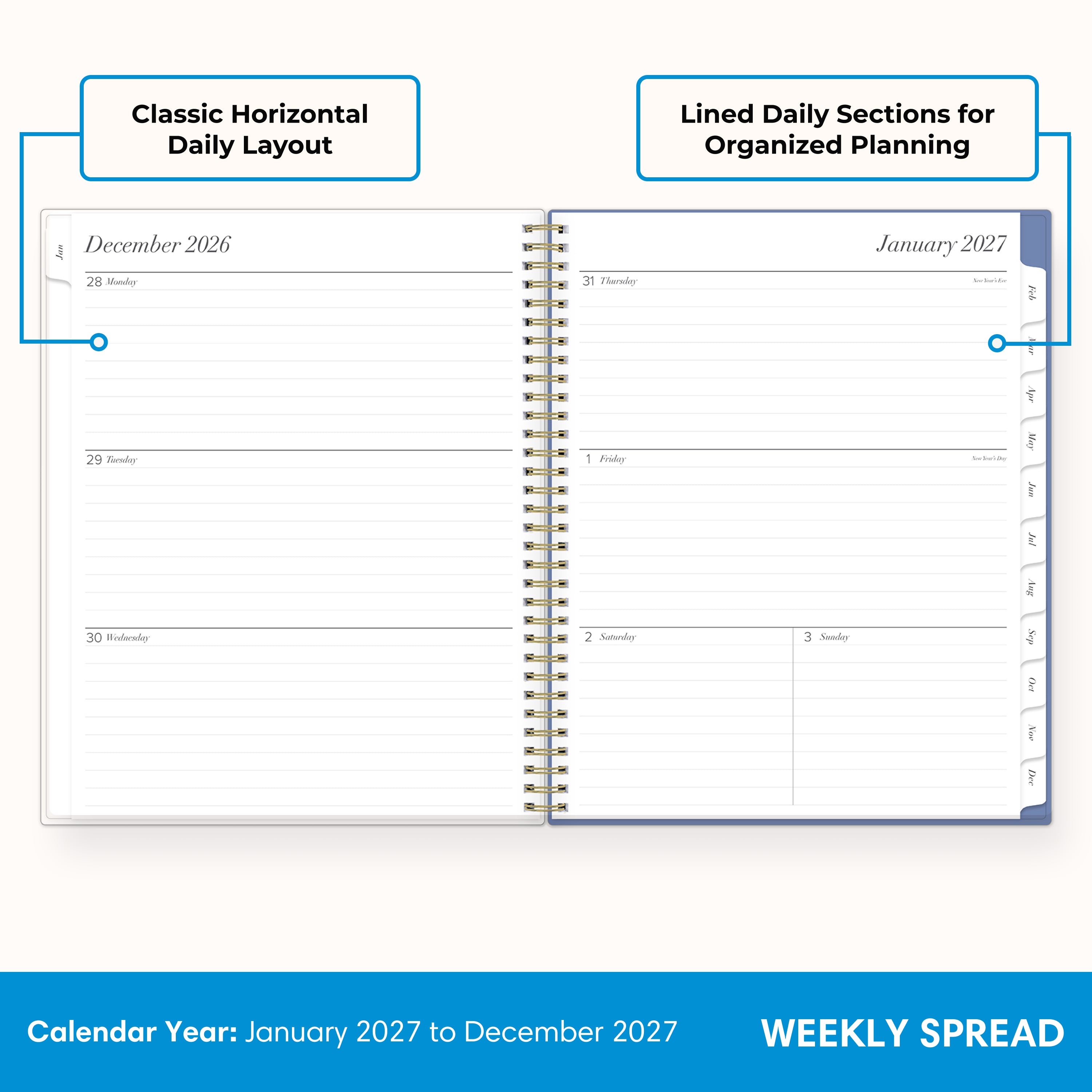 2027 weekly spread features ample lined writing space for to do lists, notes section, reference calendars, bullet points, and monthly tabs