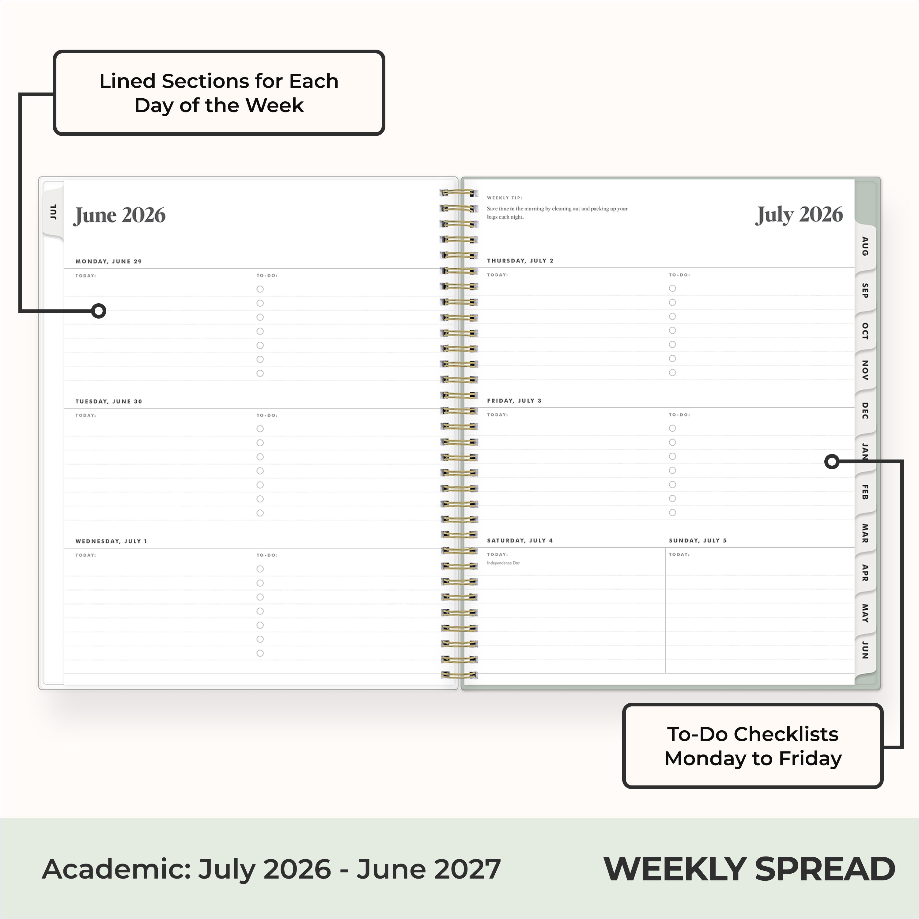 2026-2027 weekly spread featuring ample writing space, bullet points, to do-list.