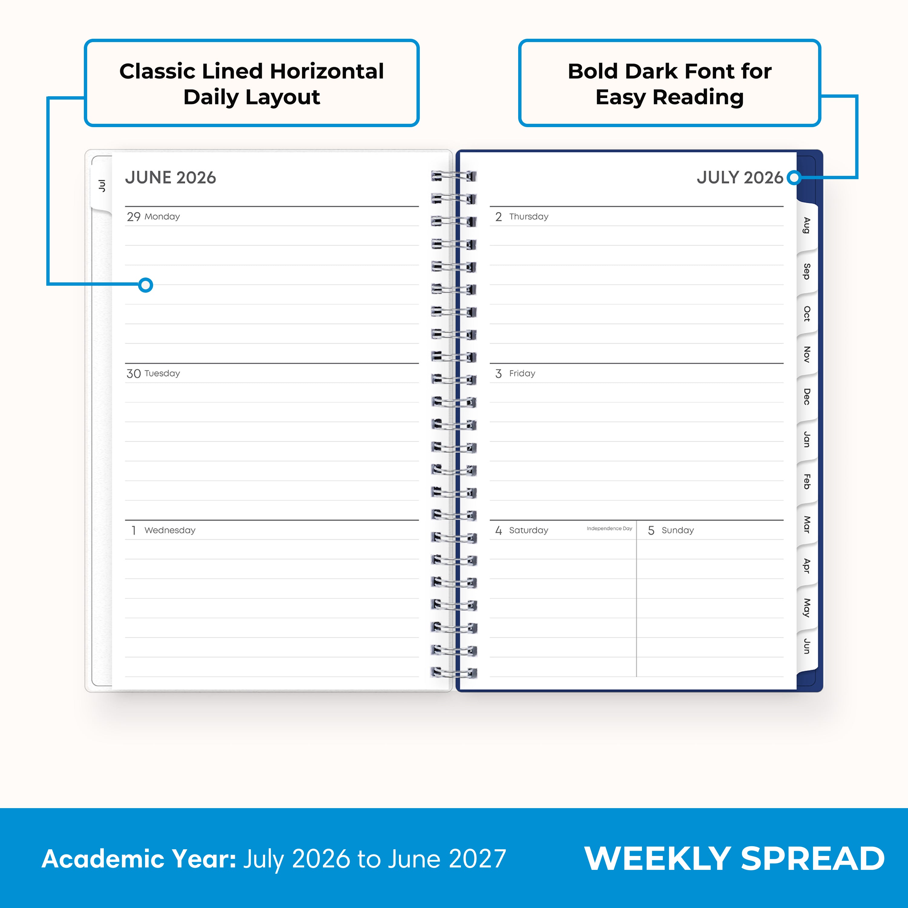 2026-2027 weekly spread featuring ample writing space, bullet points, to do-list.