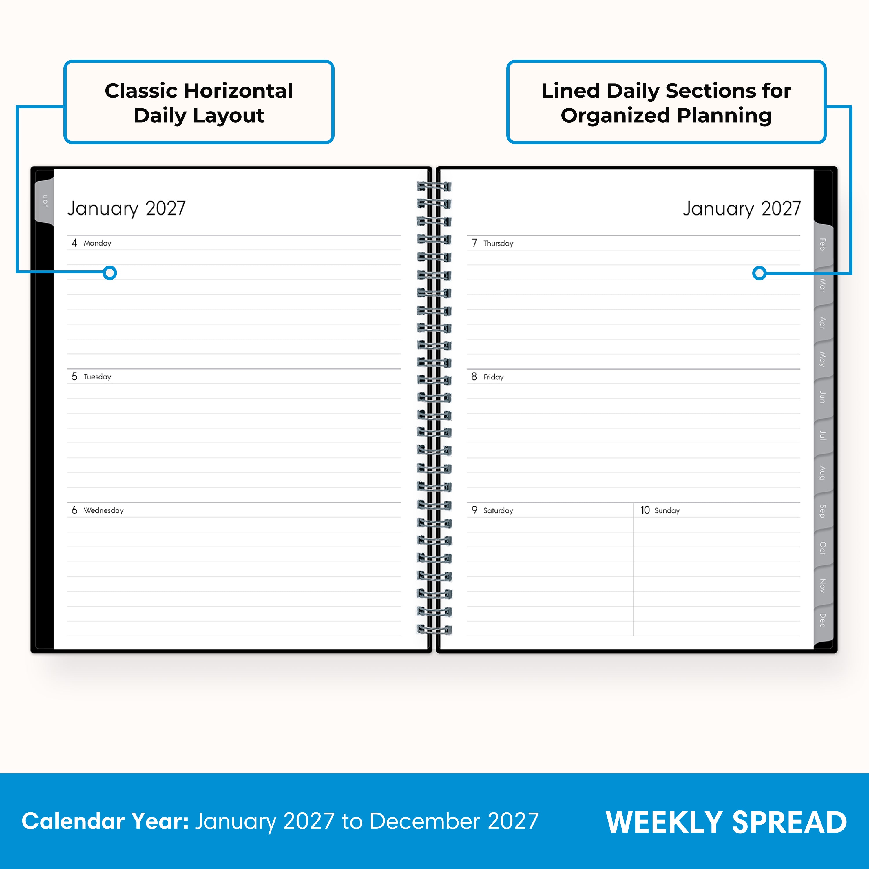 2027 weekly layout featuring lined writing space and organized sections for planning 7x9