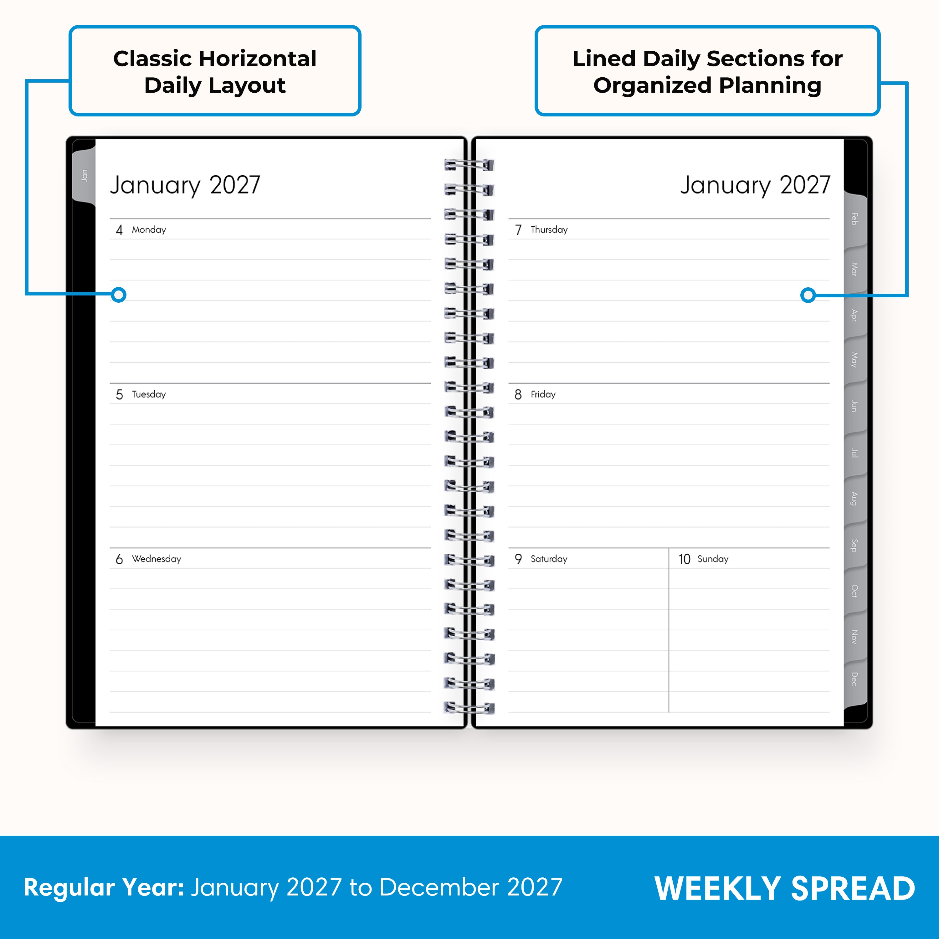 2027 weekly layout featuring lined writing space and organized sections for planning 5x8