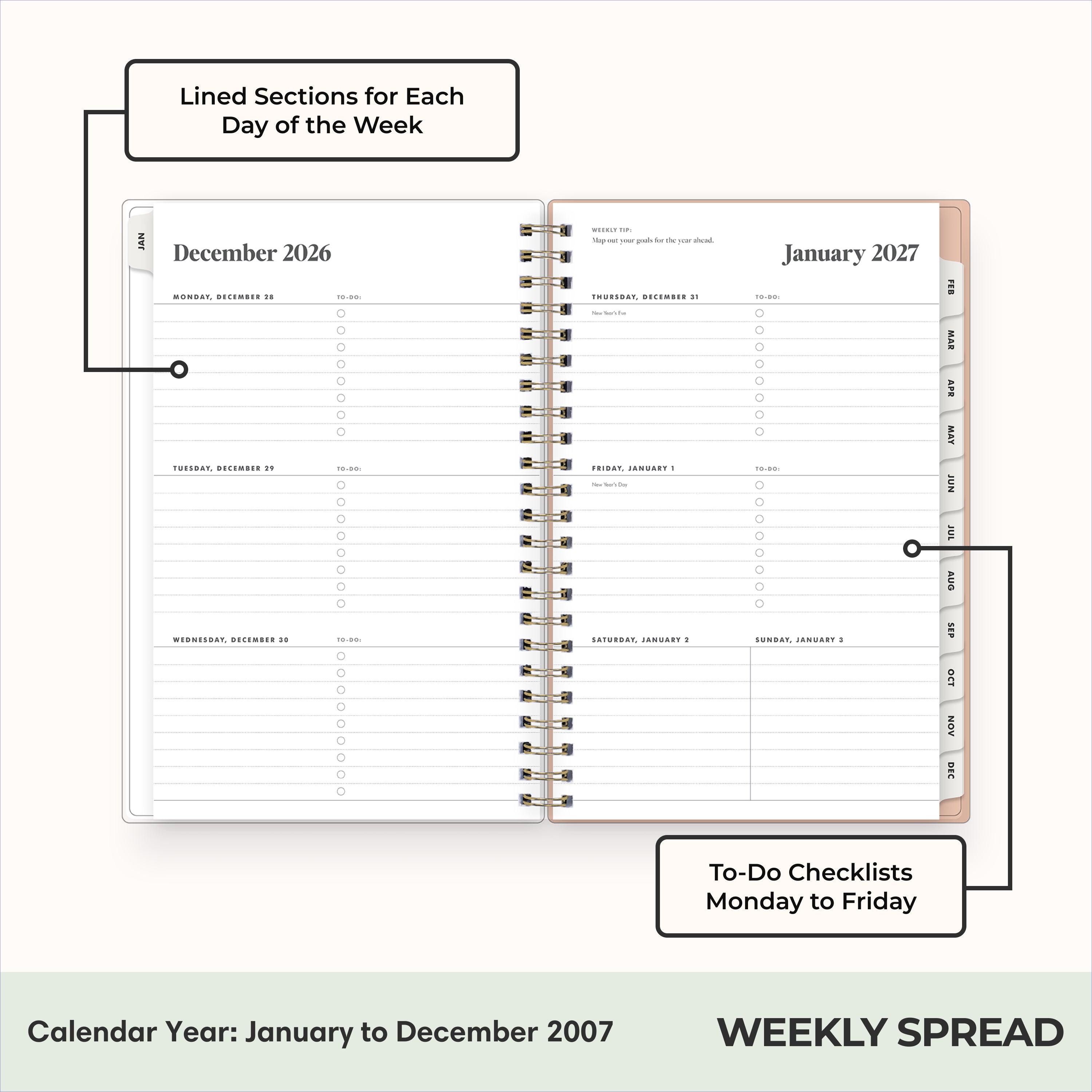 2027 weekly spread features ample lined writing space for to do lists, notes section, reference calendars, bullet points, and monthly tabs