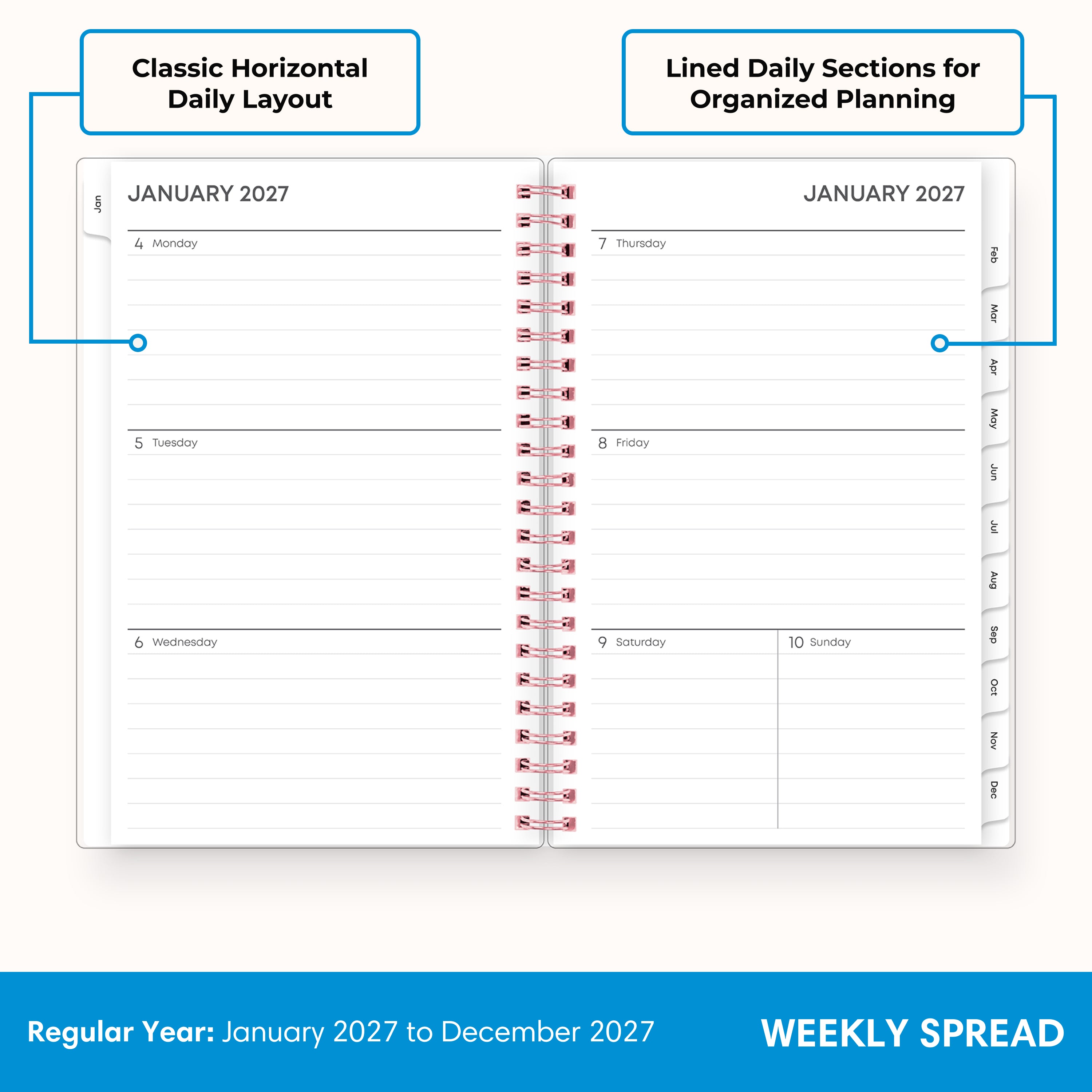 2027 weekly spread features ample lined writing space for to do lists, notes section, reference calendars, bullet points, and monthly tabs
