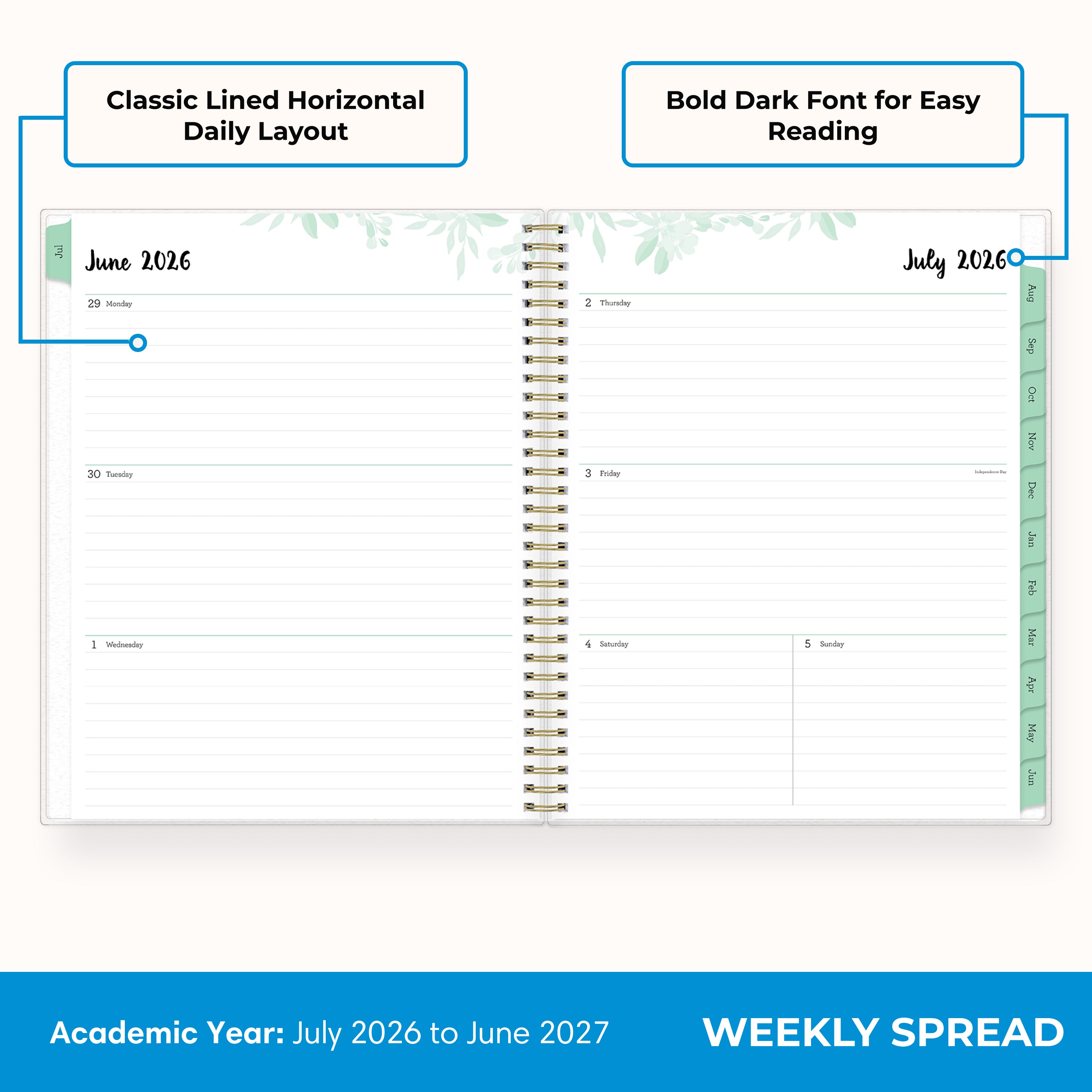 2026-2027 weekly spread featuring ample writing space, bullet points, to do-list.