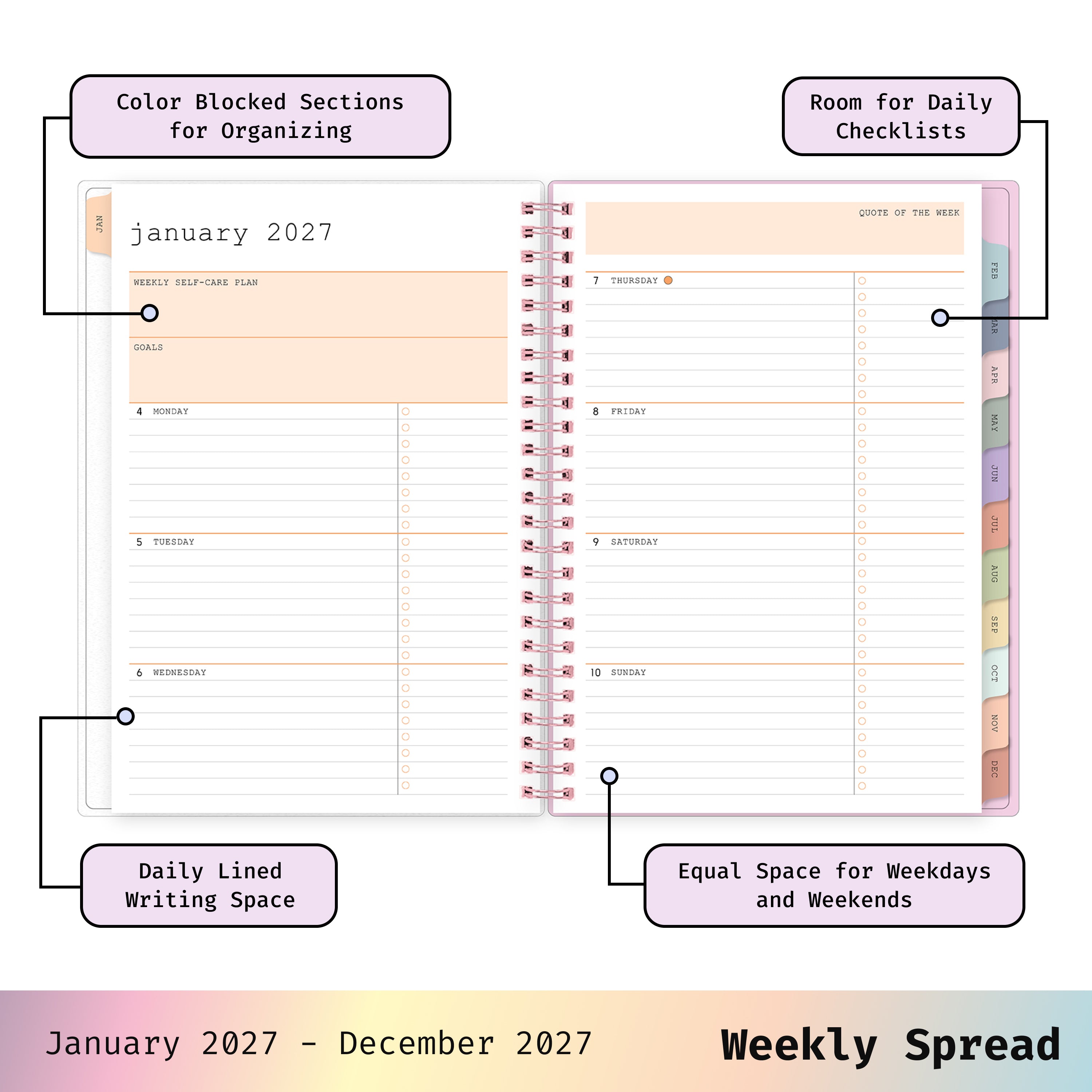 2027 weekly spread features ample lined writing space for to do lists, notes section, reference calendars, bullet points, and monthly tabs