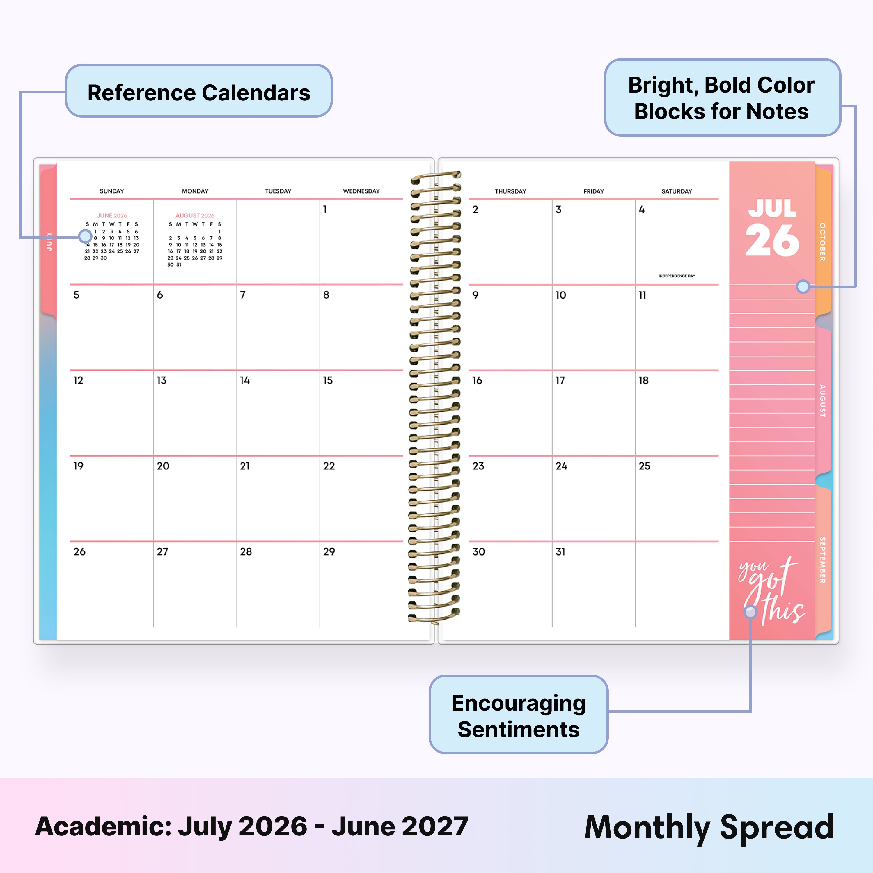 this july 2026 - june 2027 planner features a monthly spread with ample writing space for each day, monthly reference calendar, sections for note taking, bullet points, and check lists.