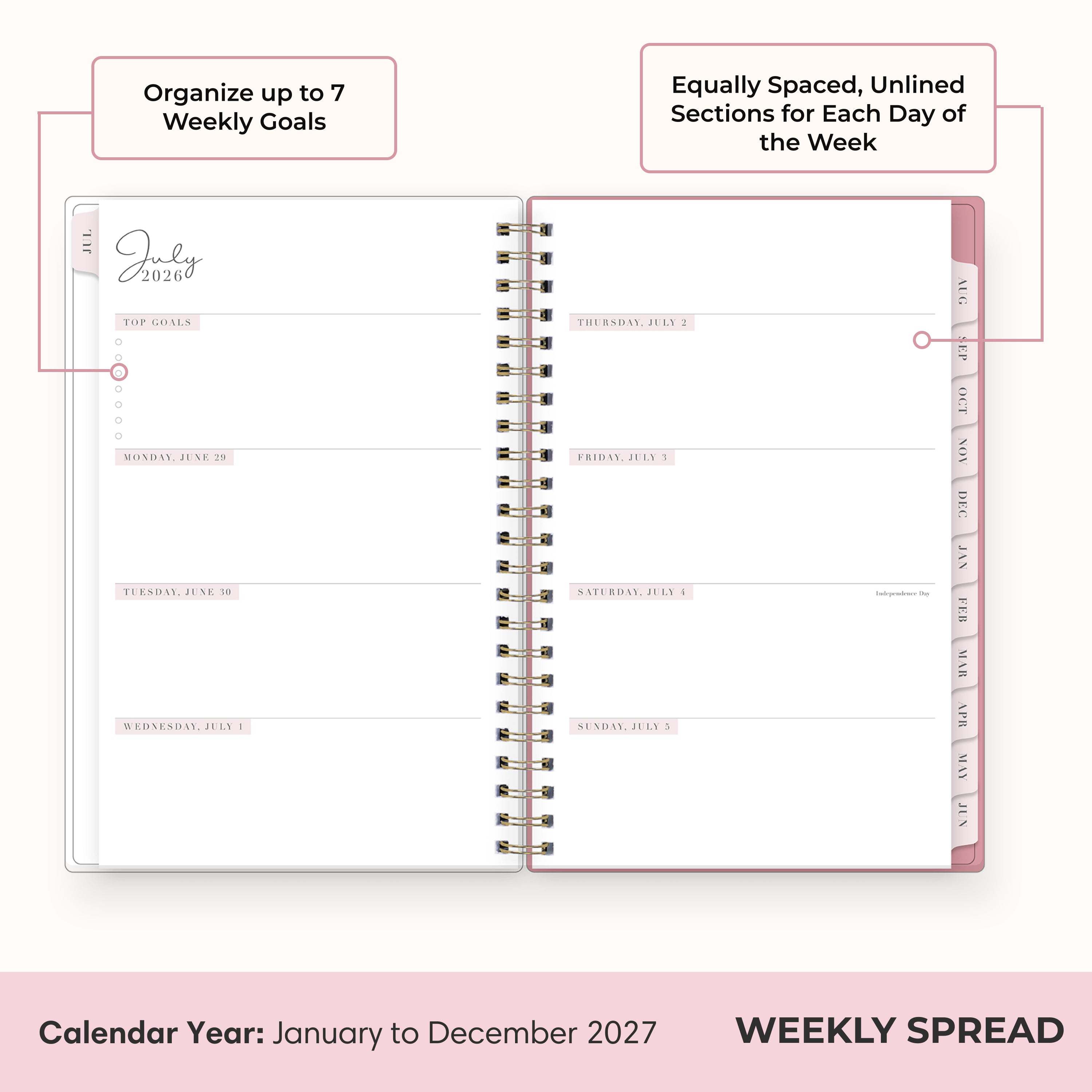 2027 weekly spread features ample open blank writing space for to do lists, notes section, reference calendars, bullet points, and monthly tabs