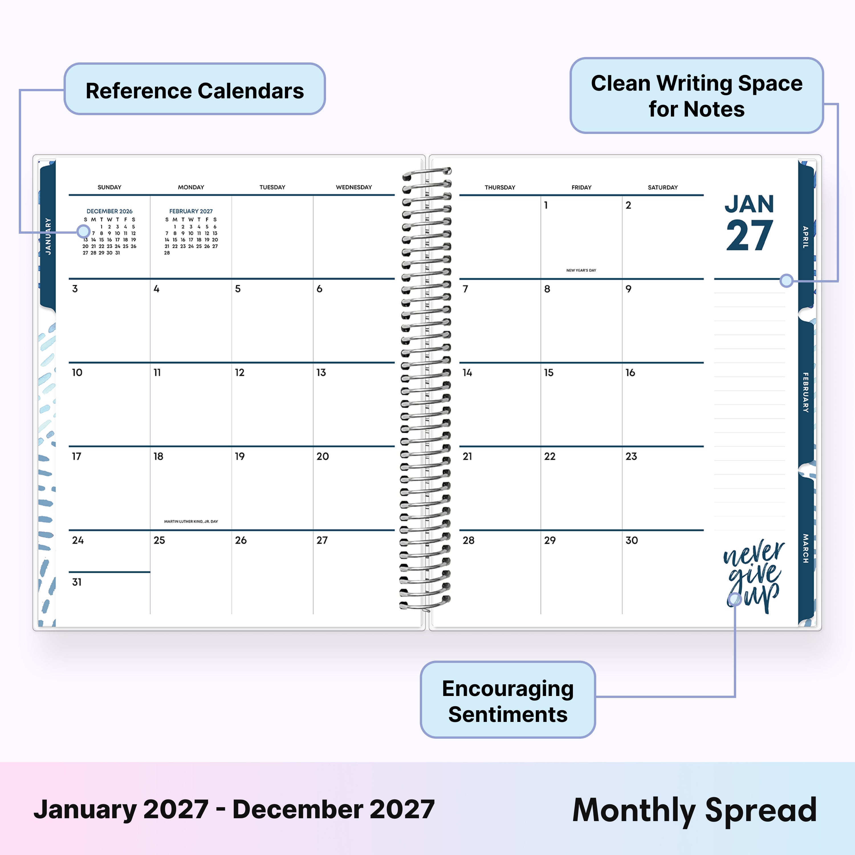 2027 monthly spread featuring ample blank writing space for each date, notes section, reference calendars, and monthly tabs