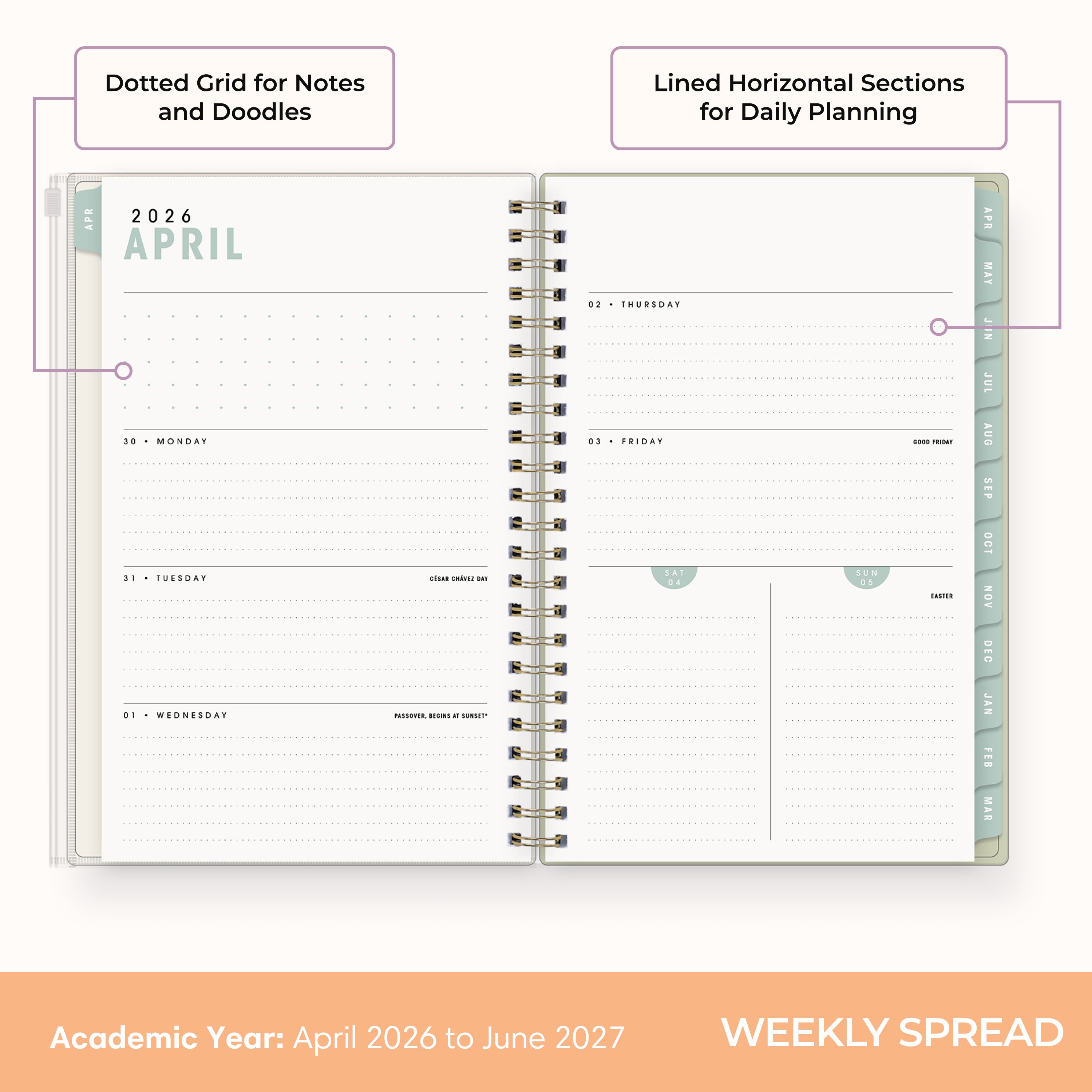 2026-2027 weekly spread featuring ample writing space, bullet points, to do-list.