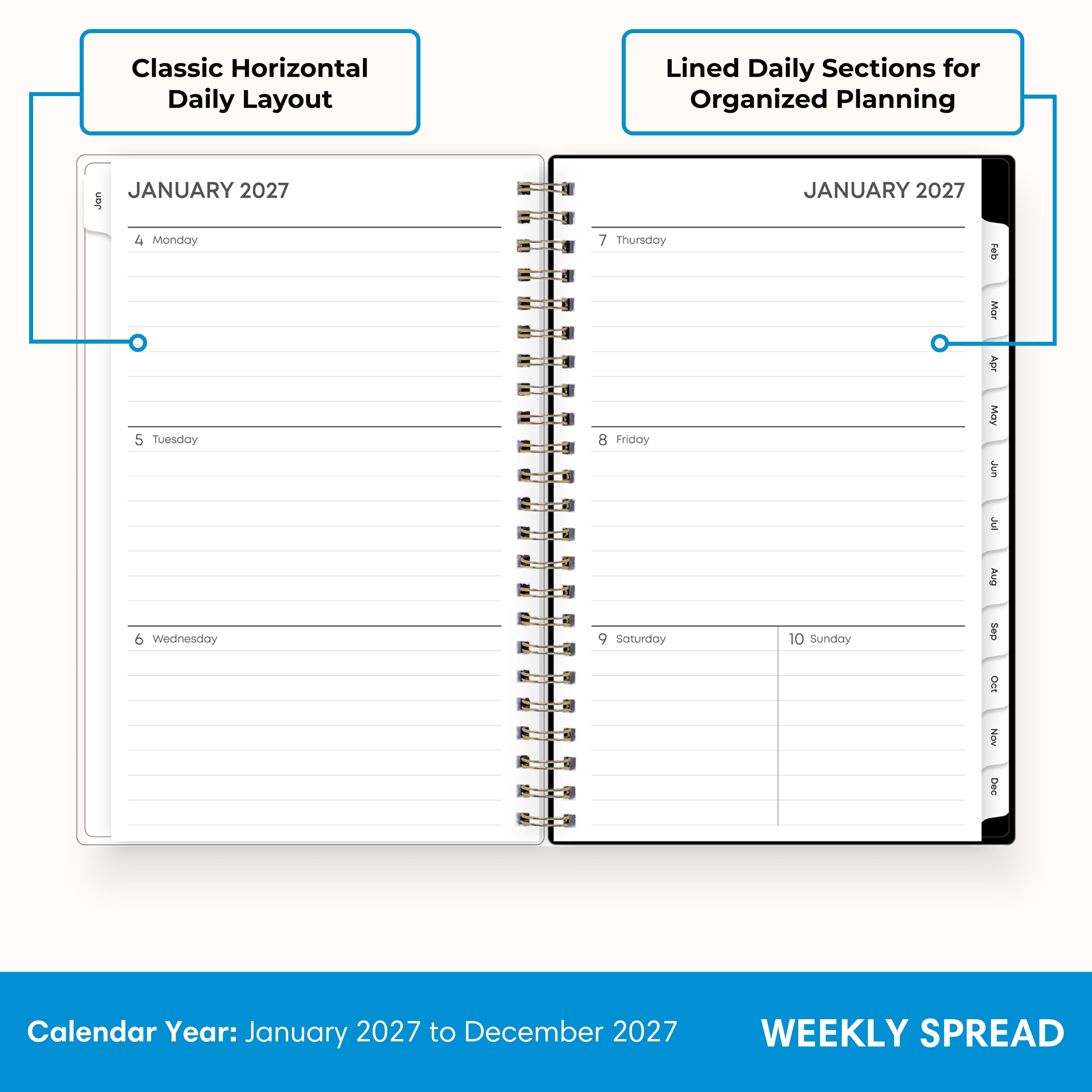 2027 monthly spread featuring ample lined writing space for each date, notes section, reference calendars, and monthly tabs
