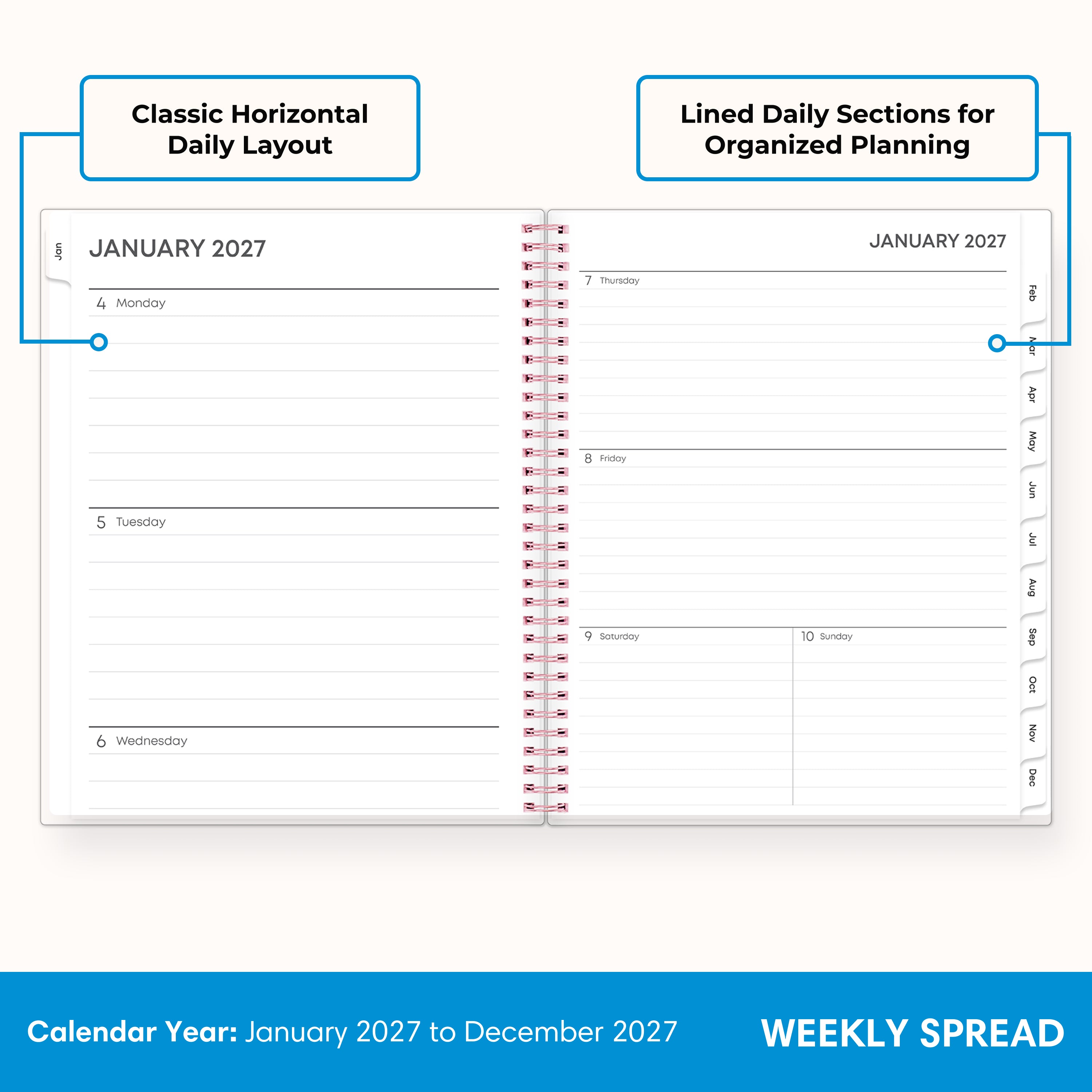 2027 weekly spread features ample lined writing space for to do lists, notes section, reference calendars, bullet points, and monthly tabs