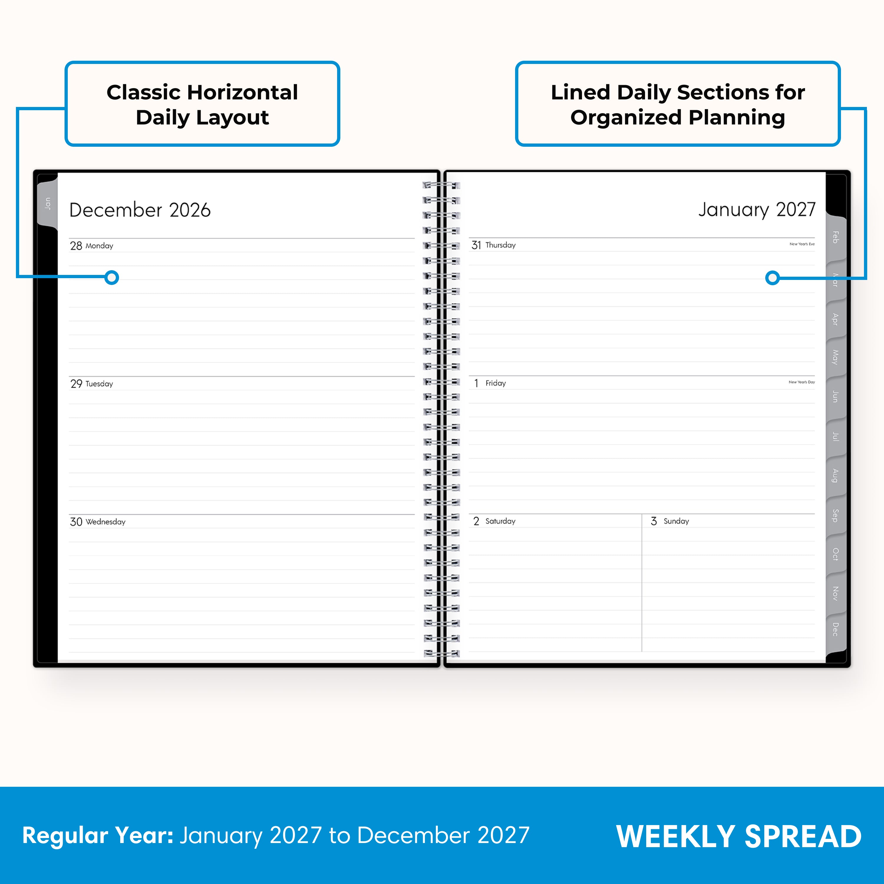 2027 weekly layout featuring lined writing space and organized sections for planning 8.5x11
