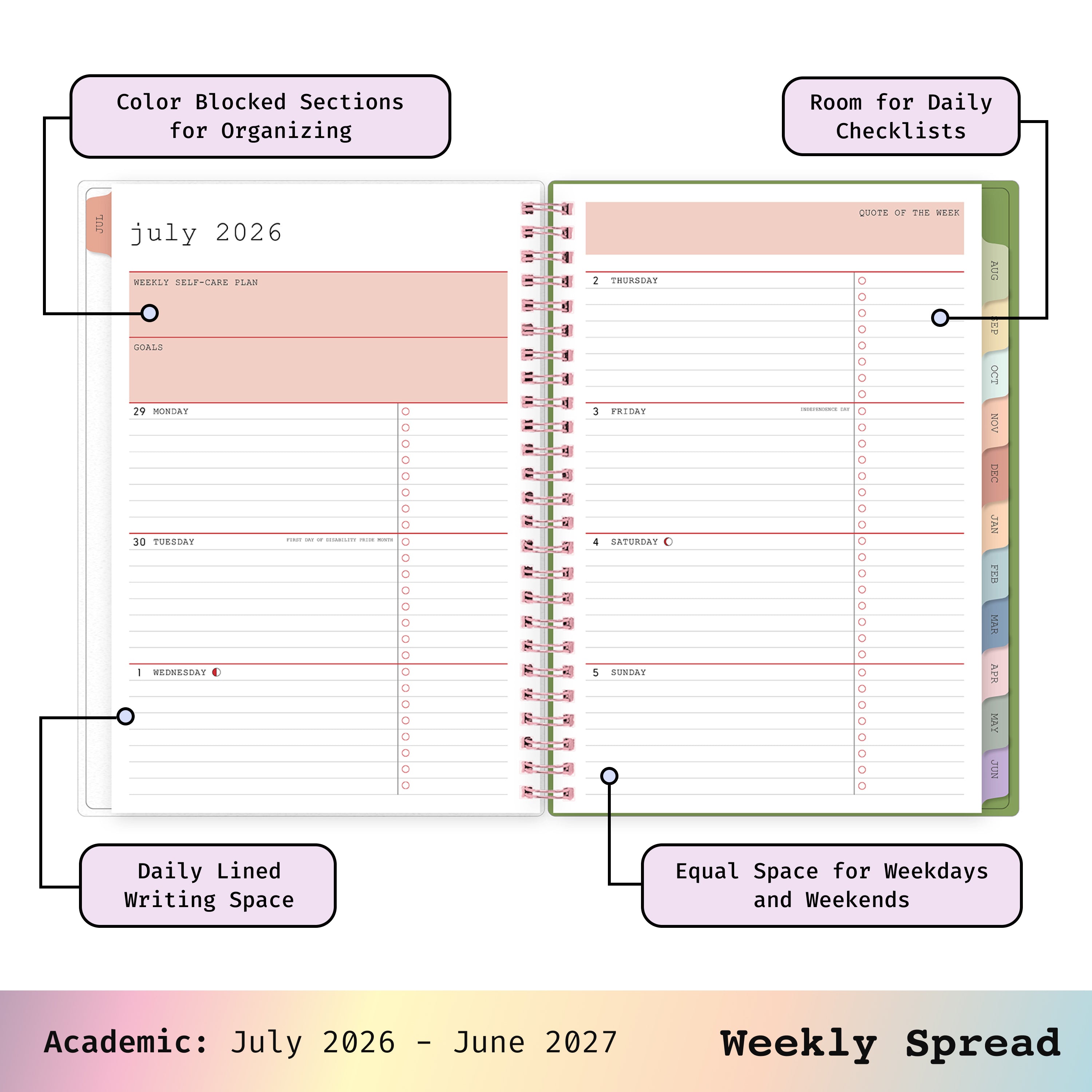 2026-2027 weekly spread featuring ample writing space, bullet points, to do-list.