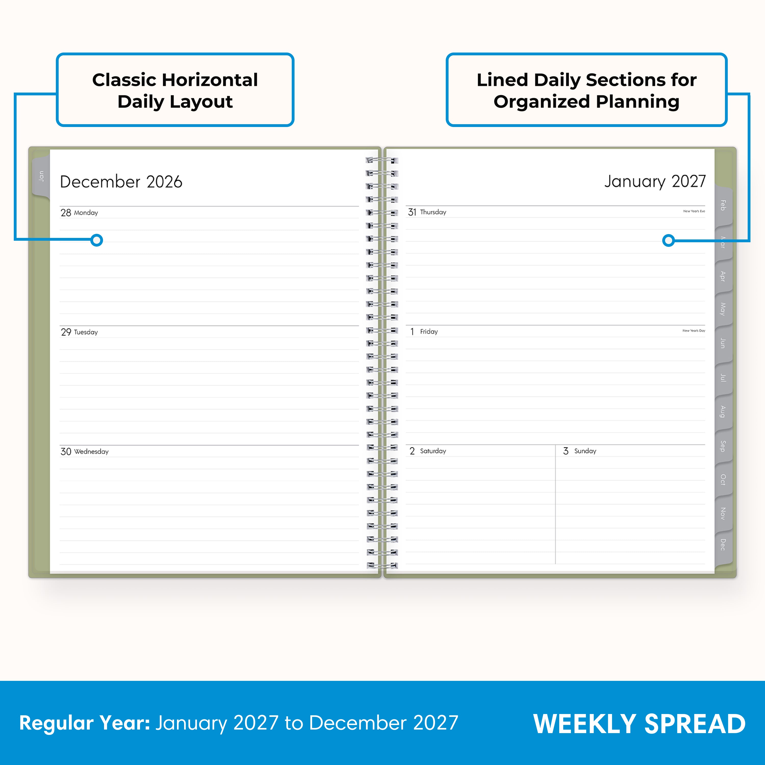 2027 weekly layout featuring lined writing space and organized sections for planning 8.5x11