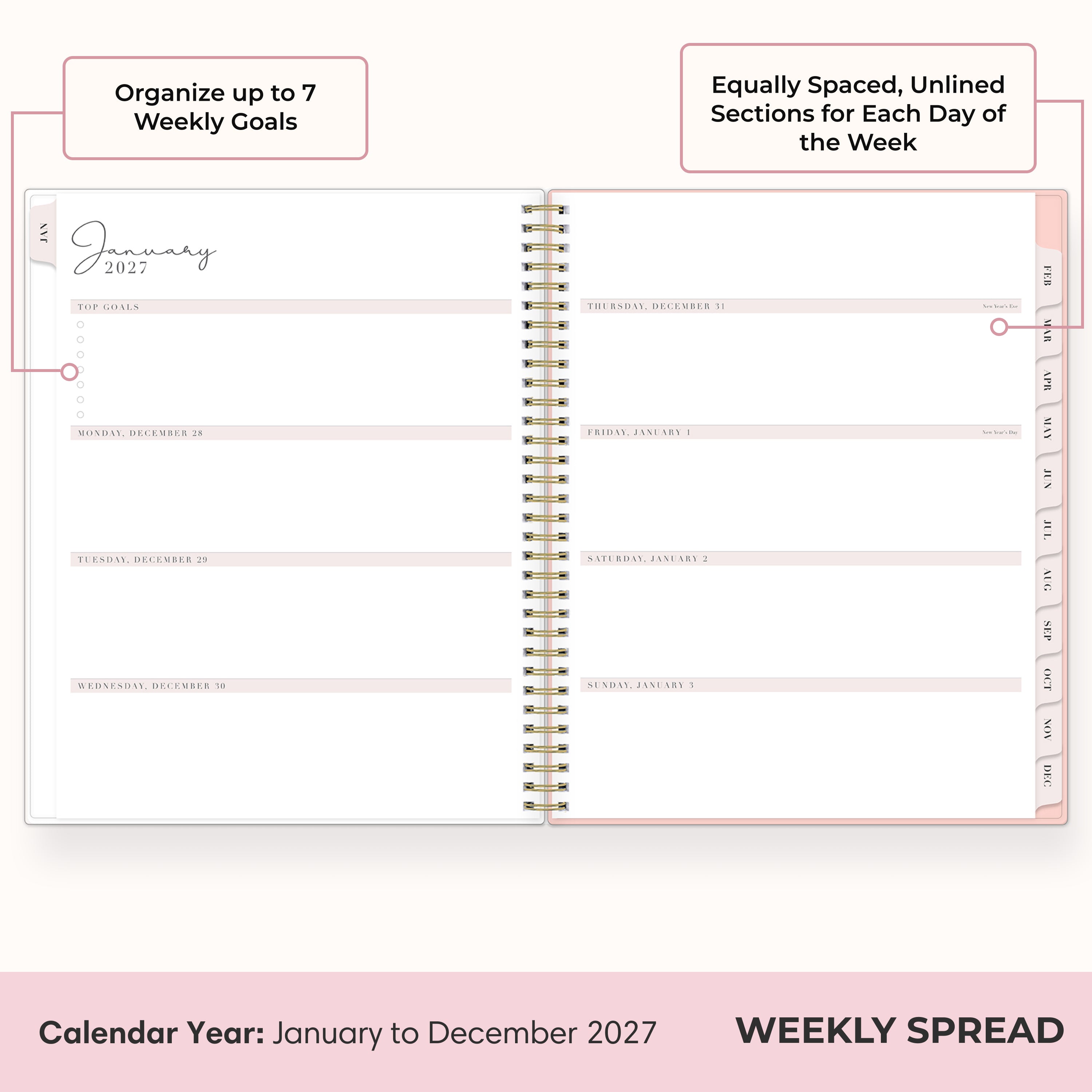 2027 weekly spread features ample open blank writing space for to do lists, notes section, reference calendars, bullet points, and monthly tabs