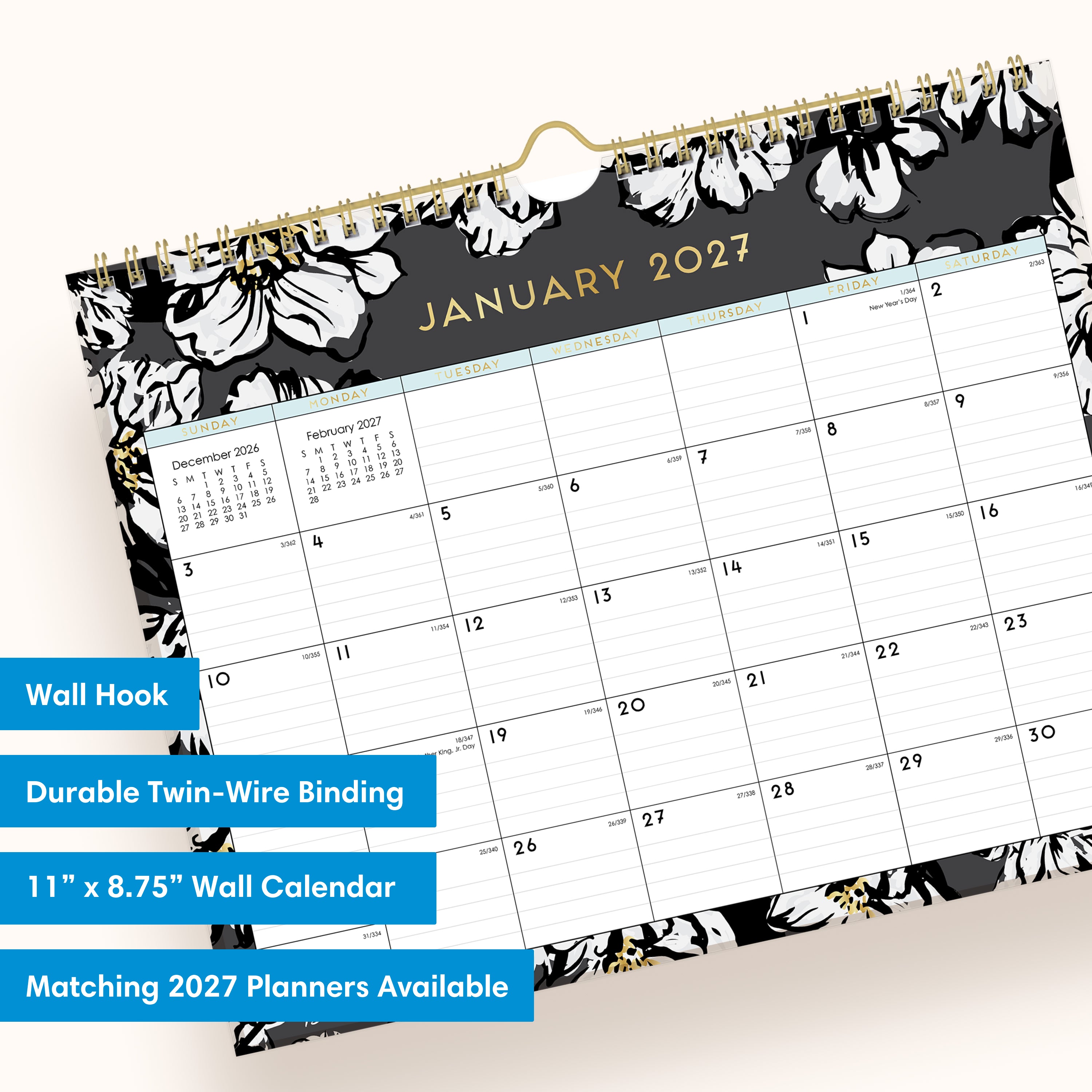 floral border on this january 2027 - december 2027 wall calendar lined writing space, reference calendars
