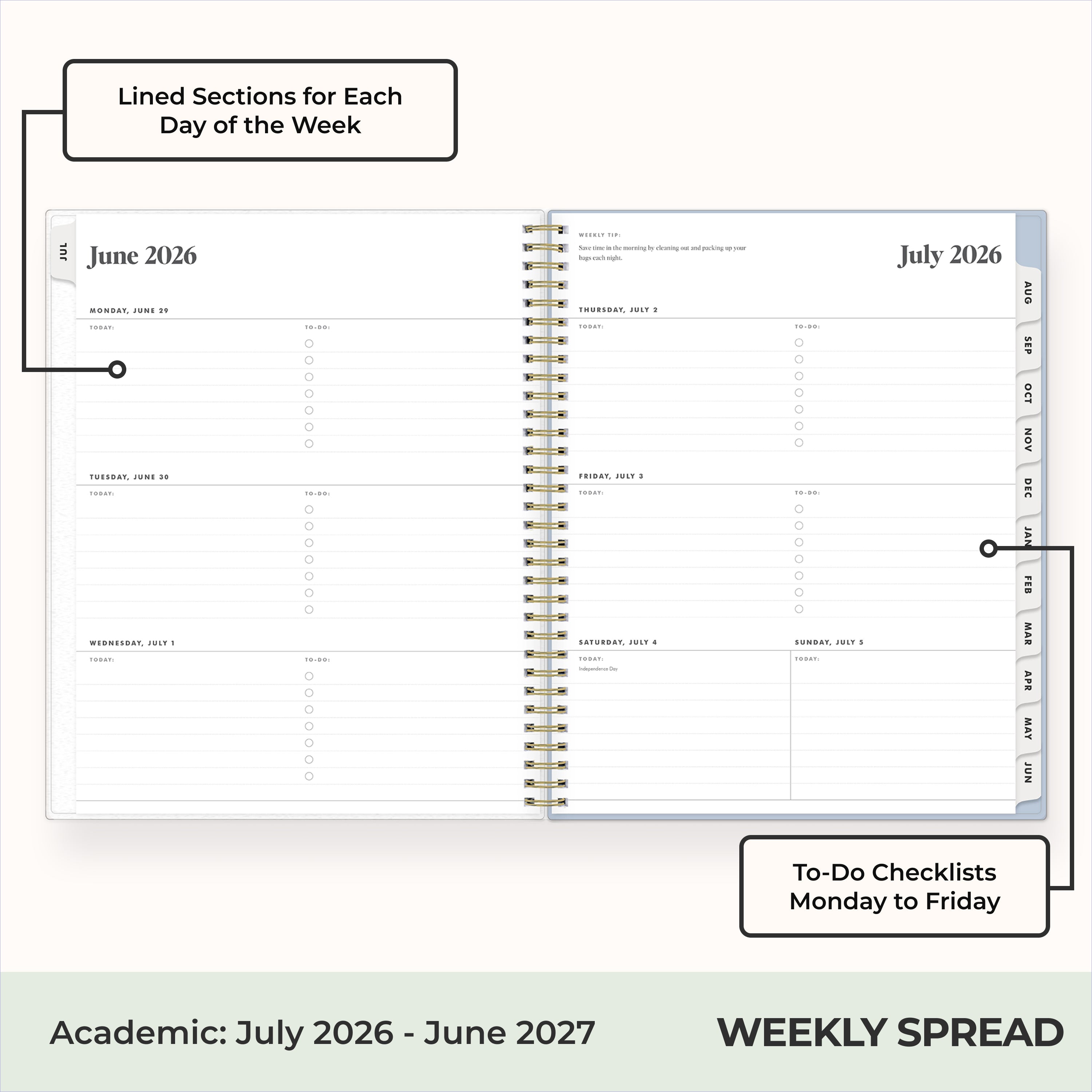 2026-2027 weekly spread featuring ample writing space, bullet points, to do-list.