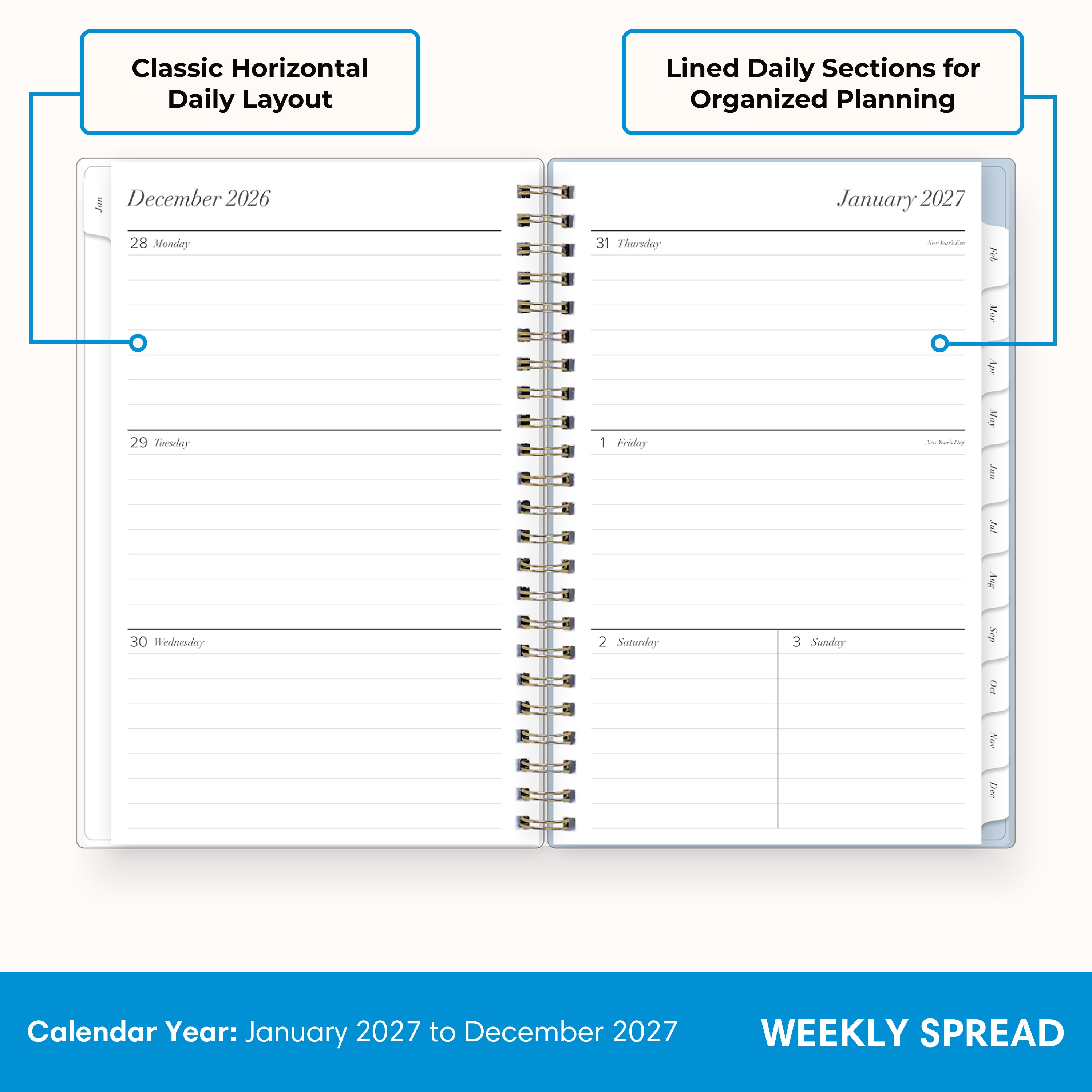 2027 weekly spread features ample lined writing space for to do lists, notes section, reference calendars, bullet points, and monthly tabs