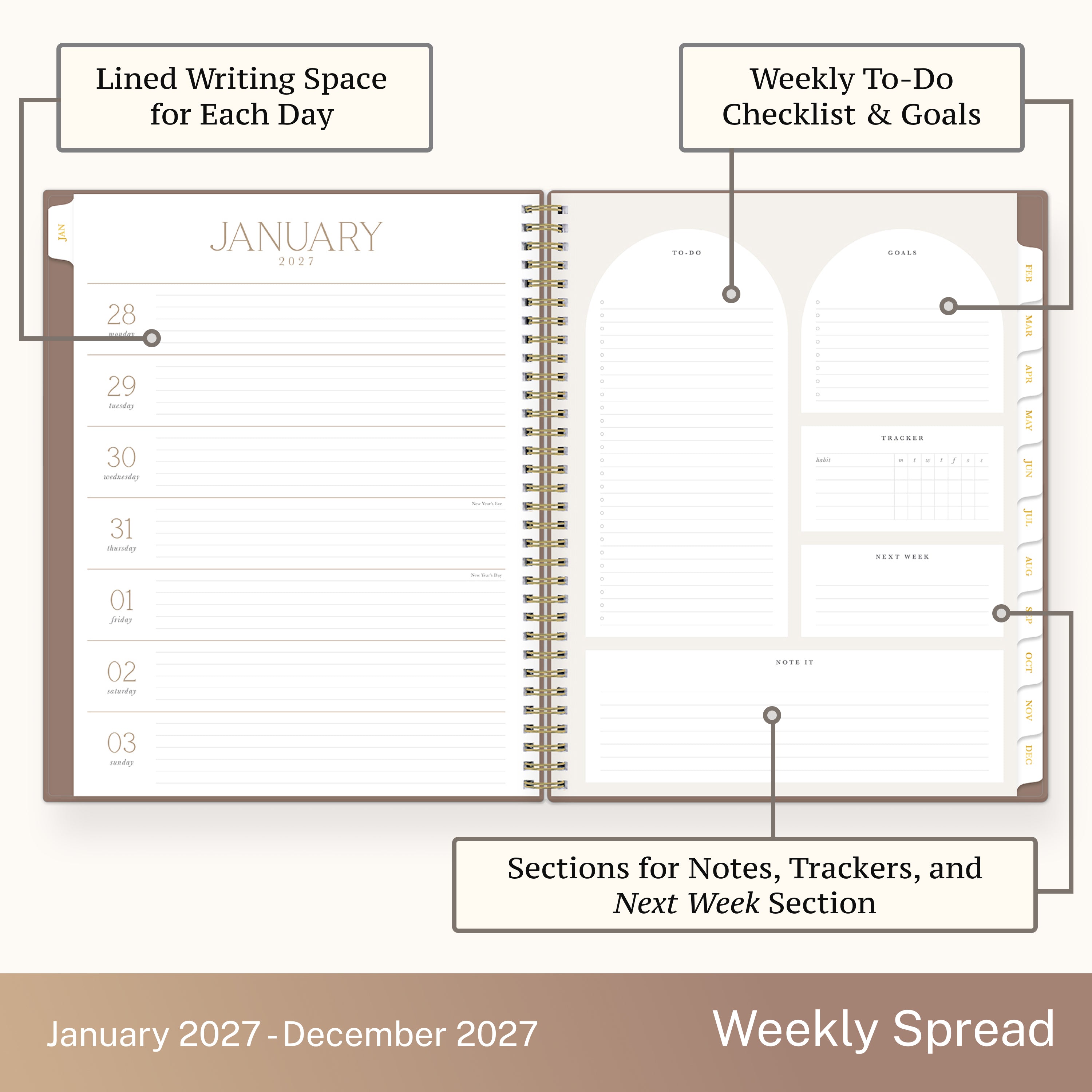 2027 weekly spread features ample lined writing space for to do lists, notes section, reference calendars, bullet points, and monthly tabs