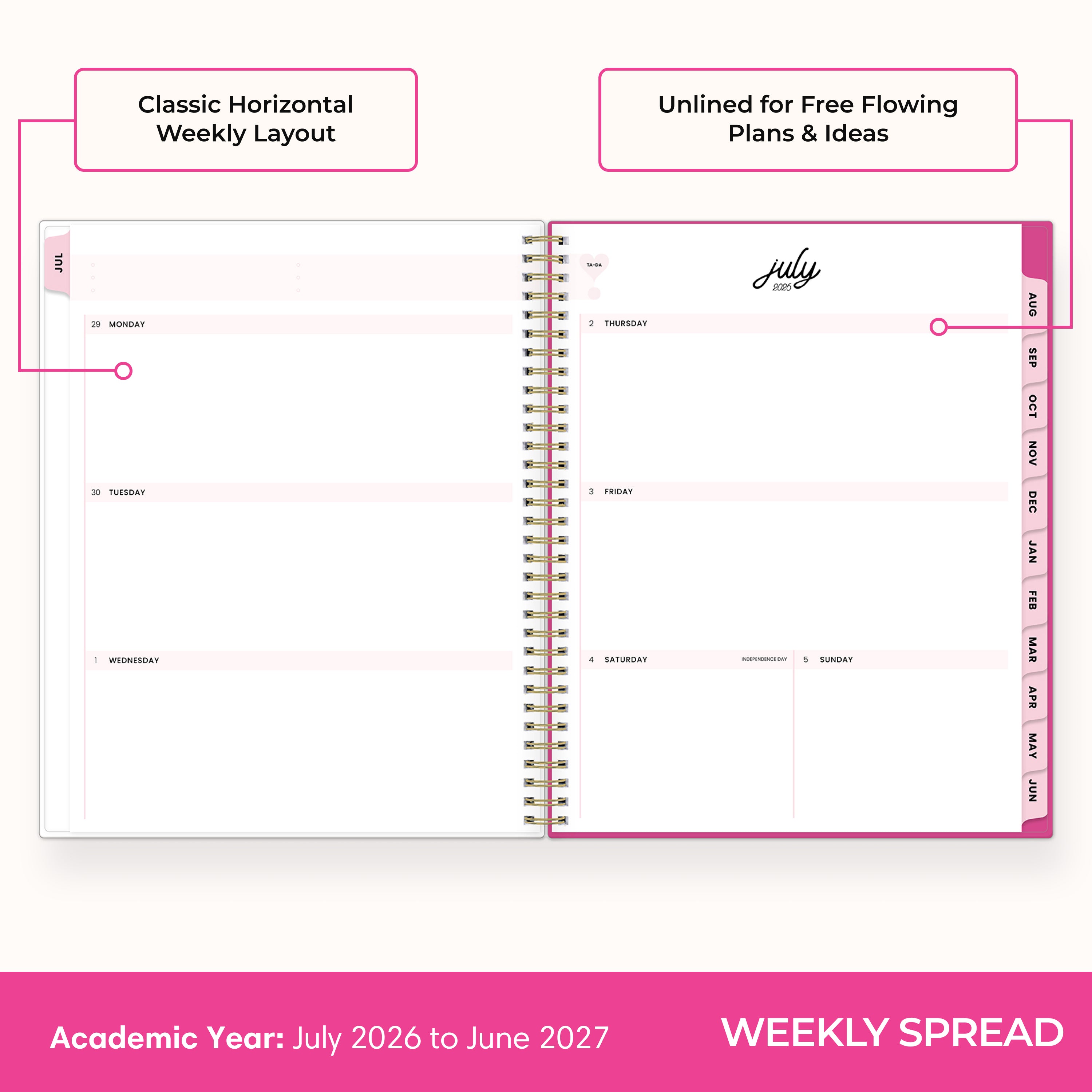 2026-2027 weekly spread featuring ample writing space, bullet points, to do-list.