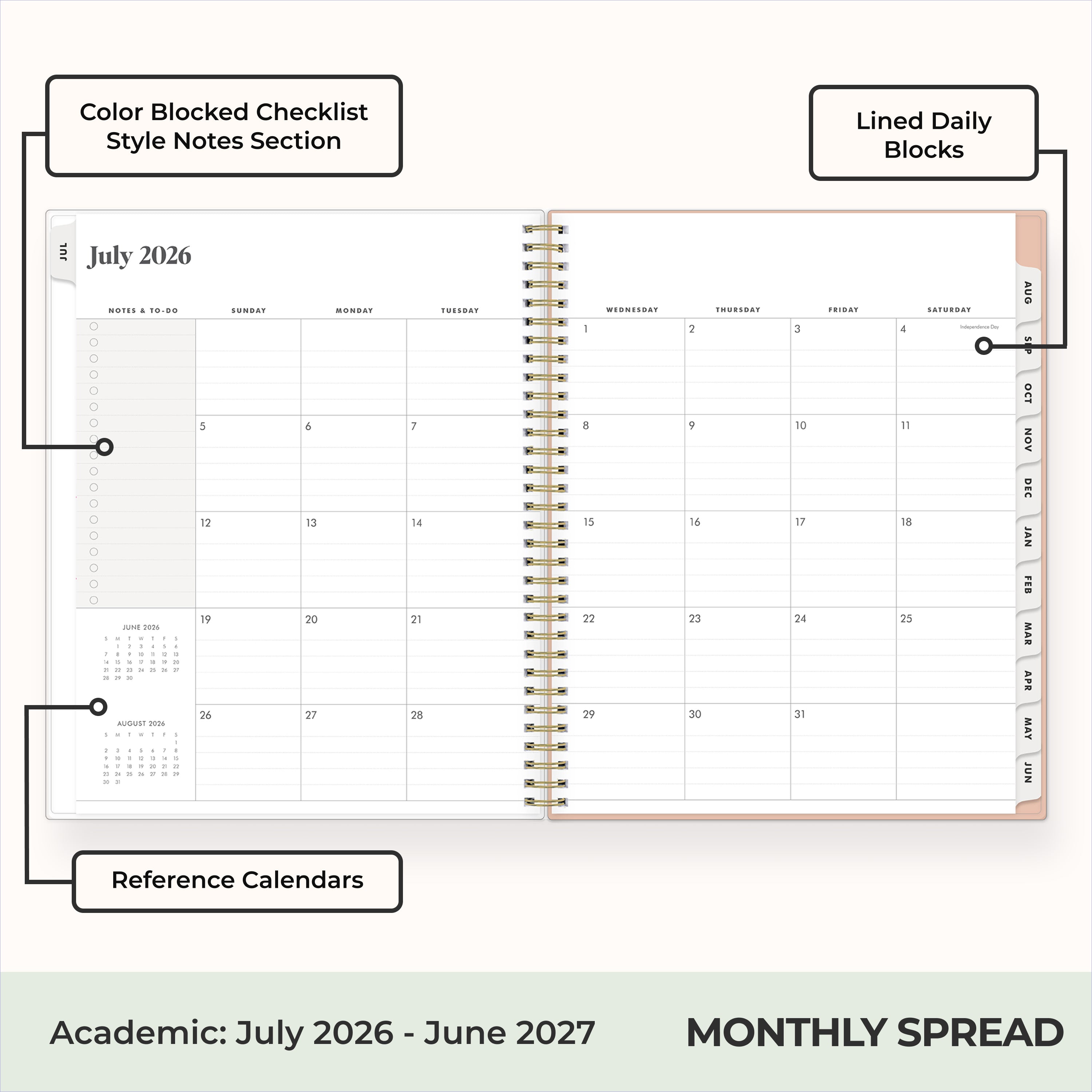 this july 2026 - june 2027 features a monthly spread with ample writing space for each day, monthly reference calendar, sections for note taking, bullet points, and check lists.