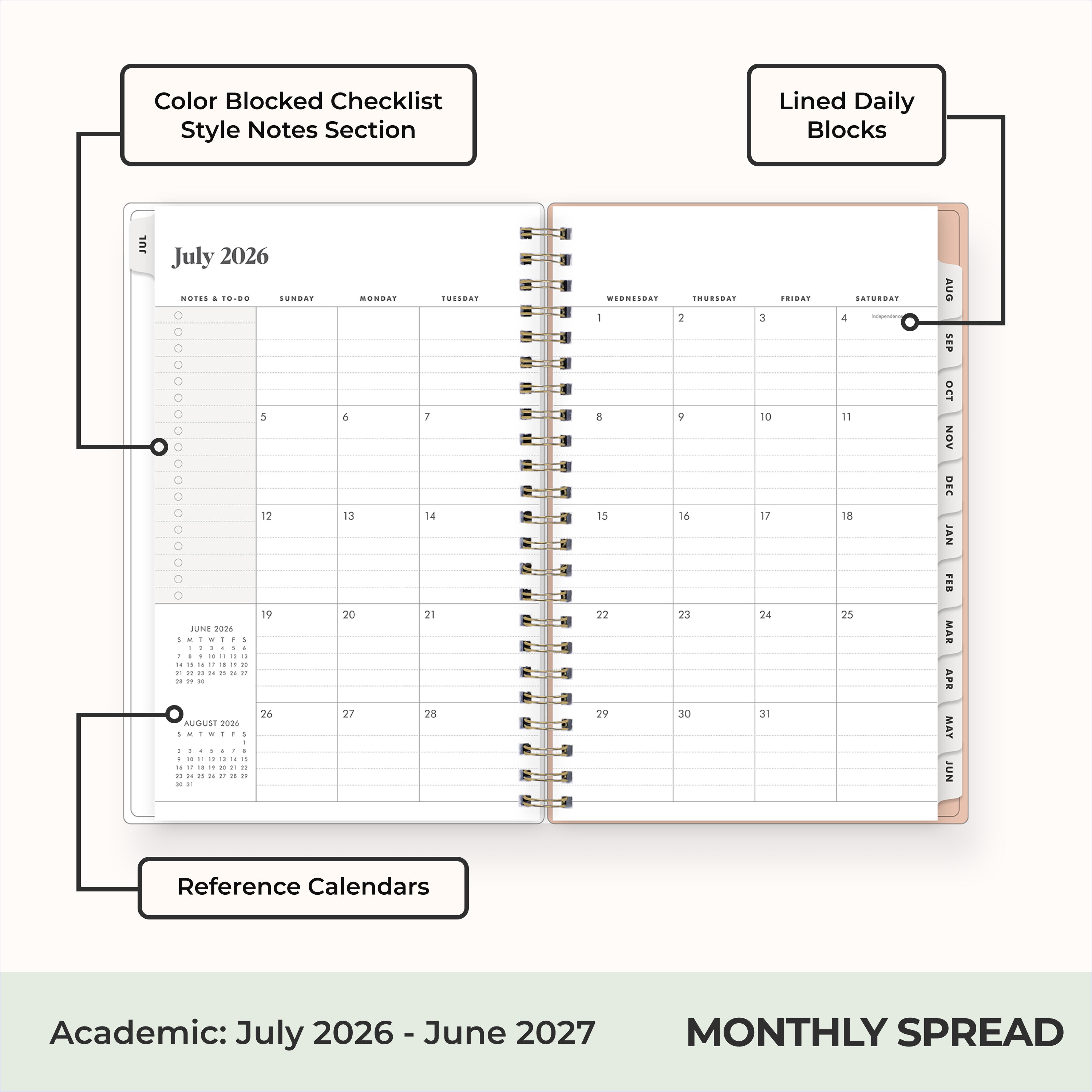 this july 2026 - june 2027 features a monthly spread with ample writing space for each day, monthly reference calendar, sections for note taking, bullet points, and check lists.