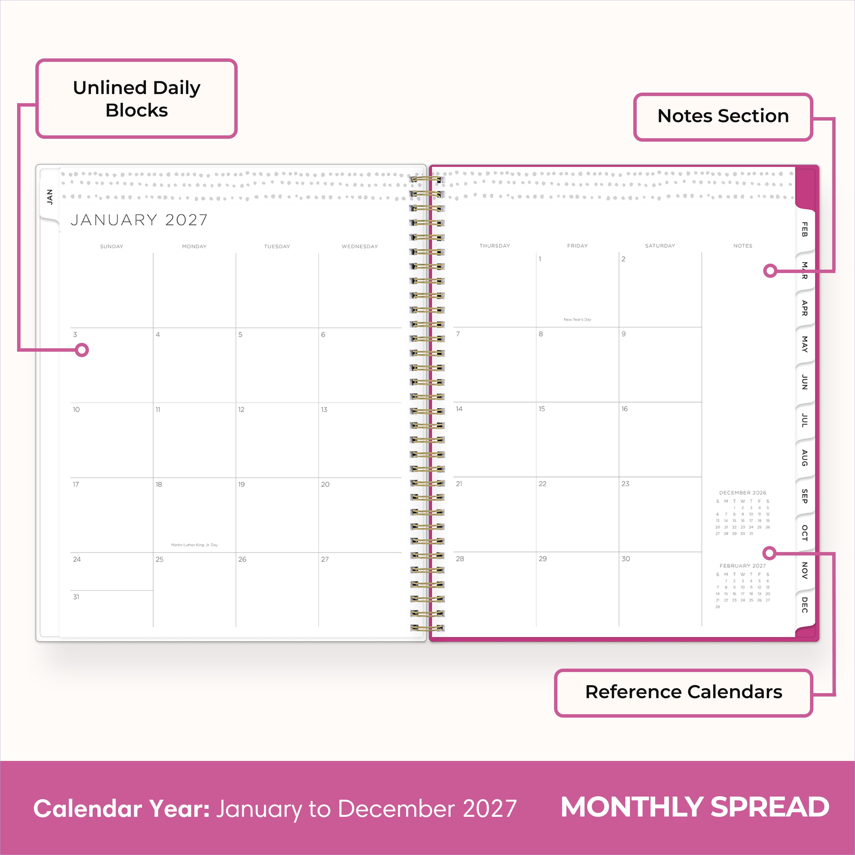 2027 monthly spread featuring ample lined writing space for each date, notes section, reference calendars, and monthly tabs