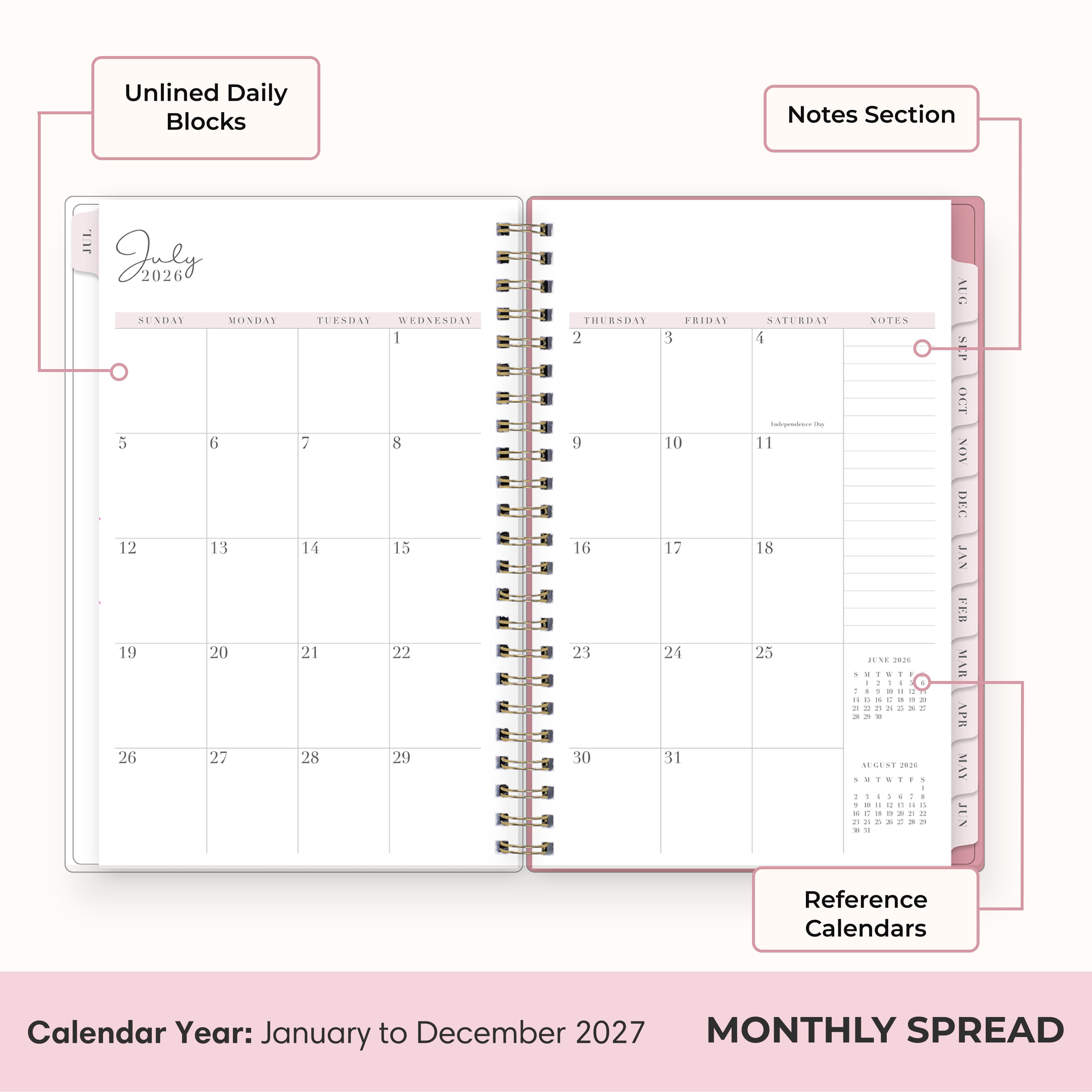 2027 monthly spread featuring ample blank writing space for each date, notes section, reference calendars, and monthly tabs