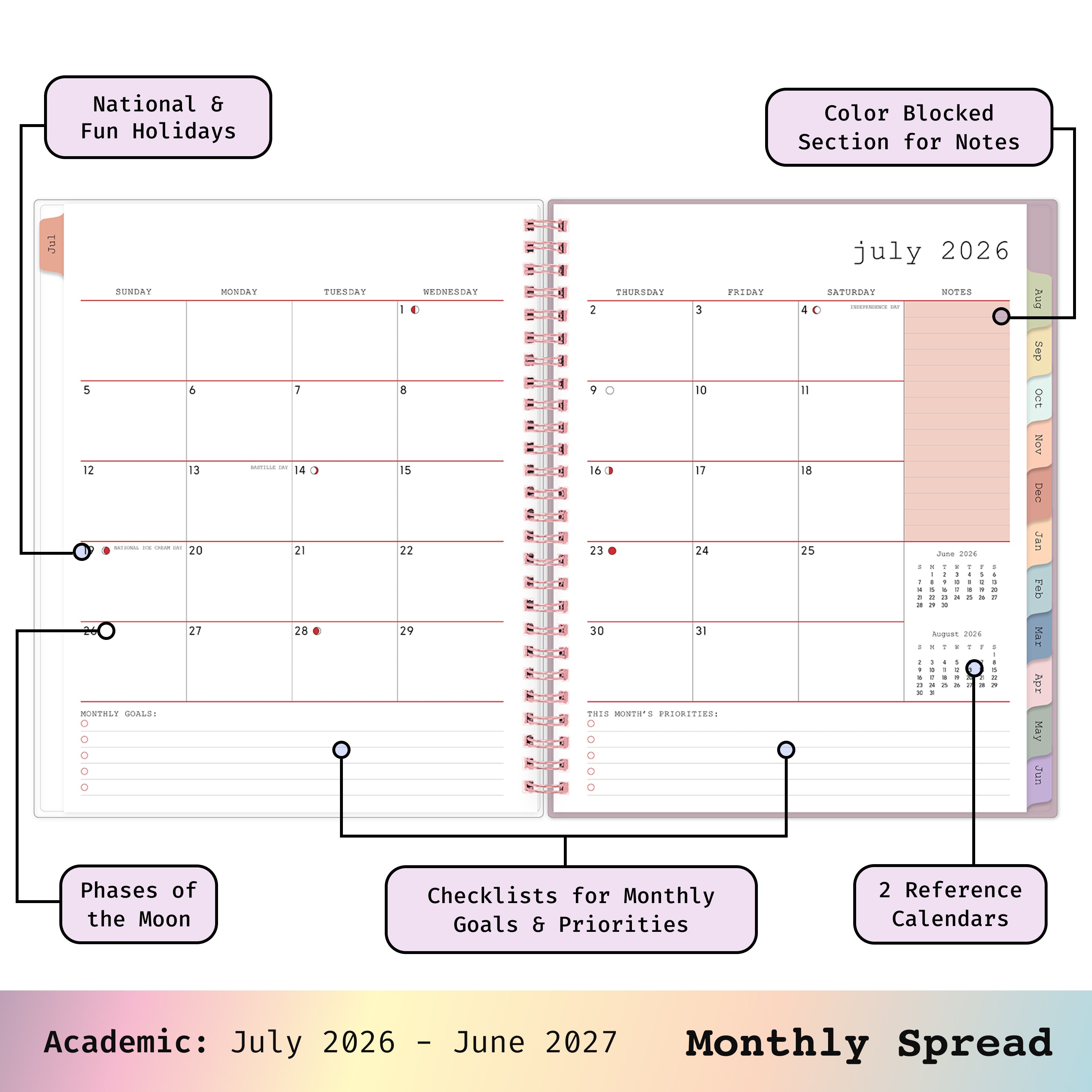 this july 2026 - june 2027 planner features a monthly spread with ample writing space for each day, monthly reference calendar, sections for note taking, bullet points, and check lists.