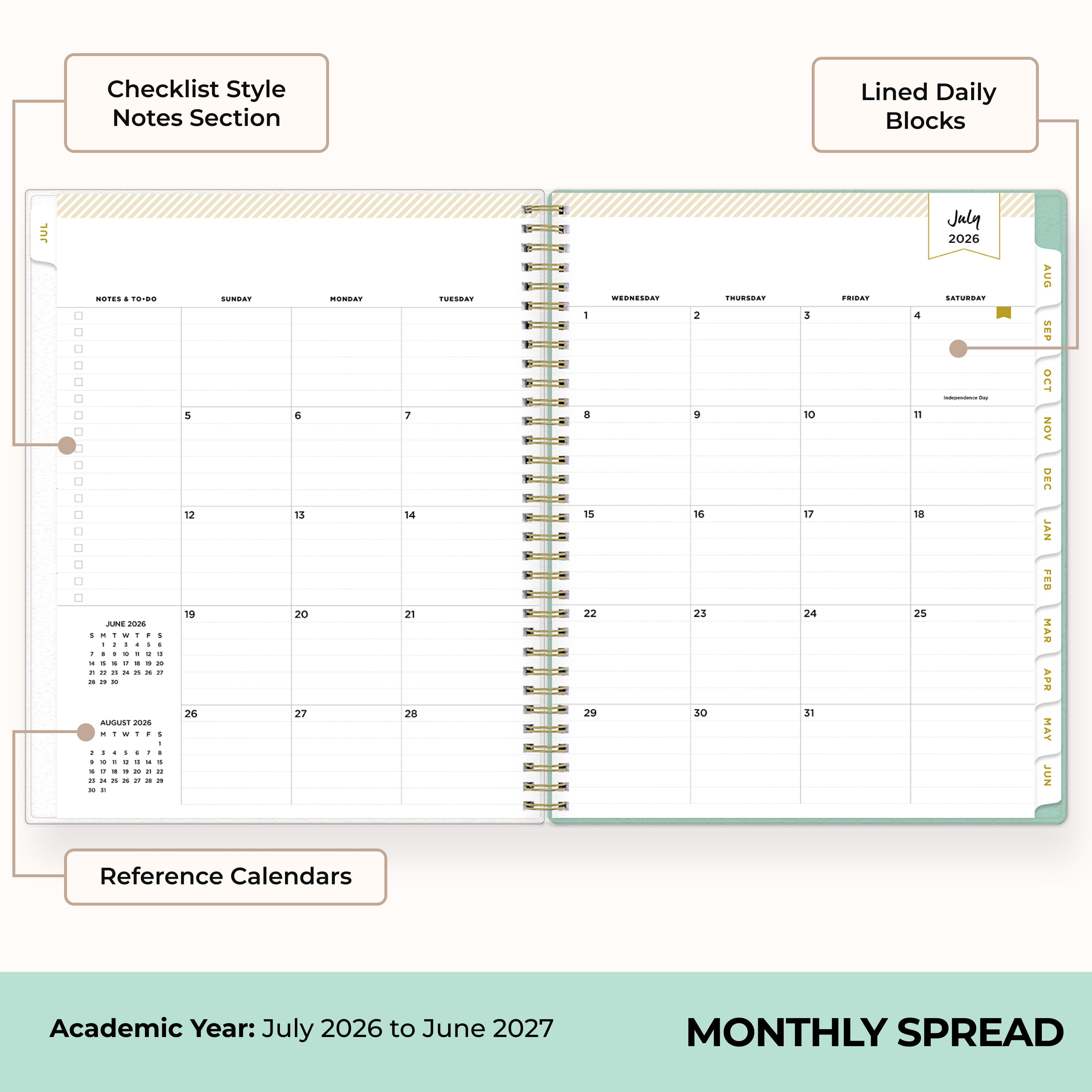 this july 2026 - june 2027 planner features a monthly spread with ample writing space for each day, monthly reference calendar, sections for note taking, bullet points, and check lists.