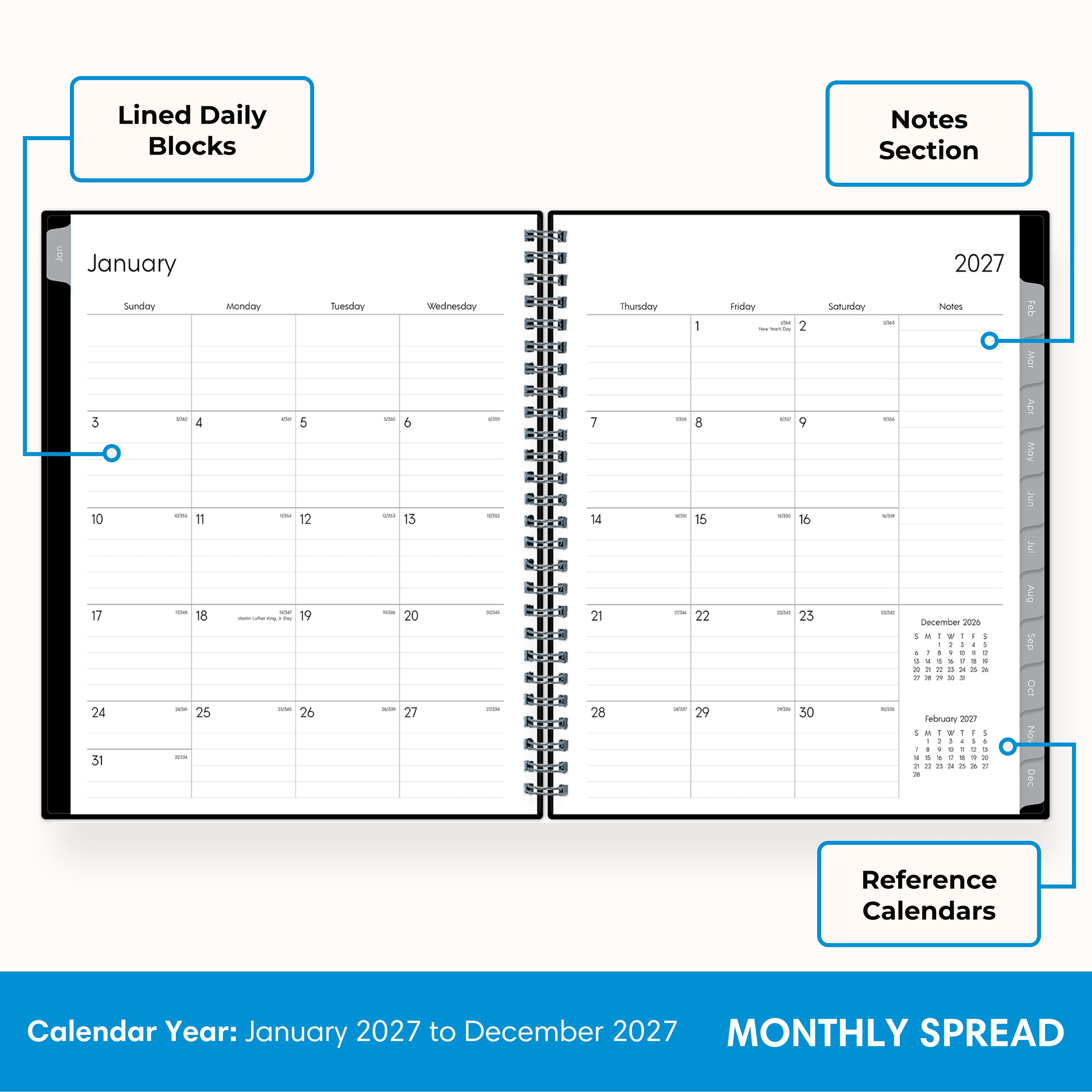 2027 monthly layout featuring lined writing space and organized sections for planning 7x9, notes section, and reference calendars