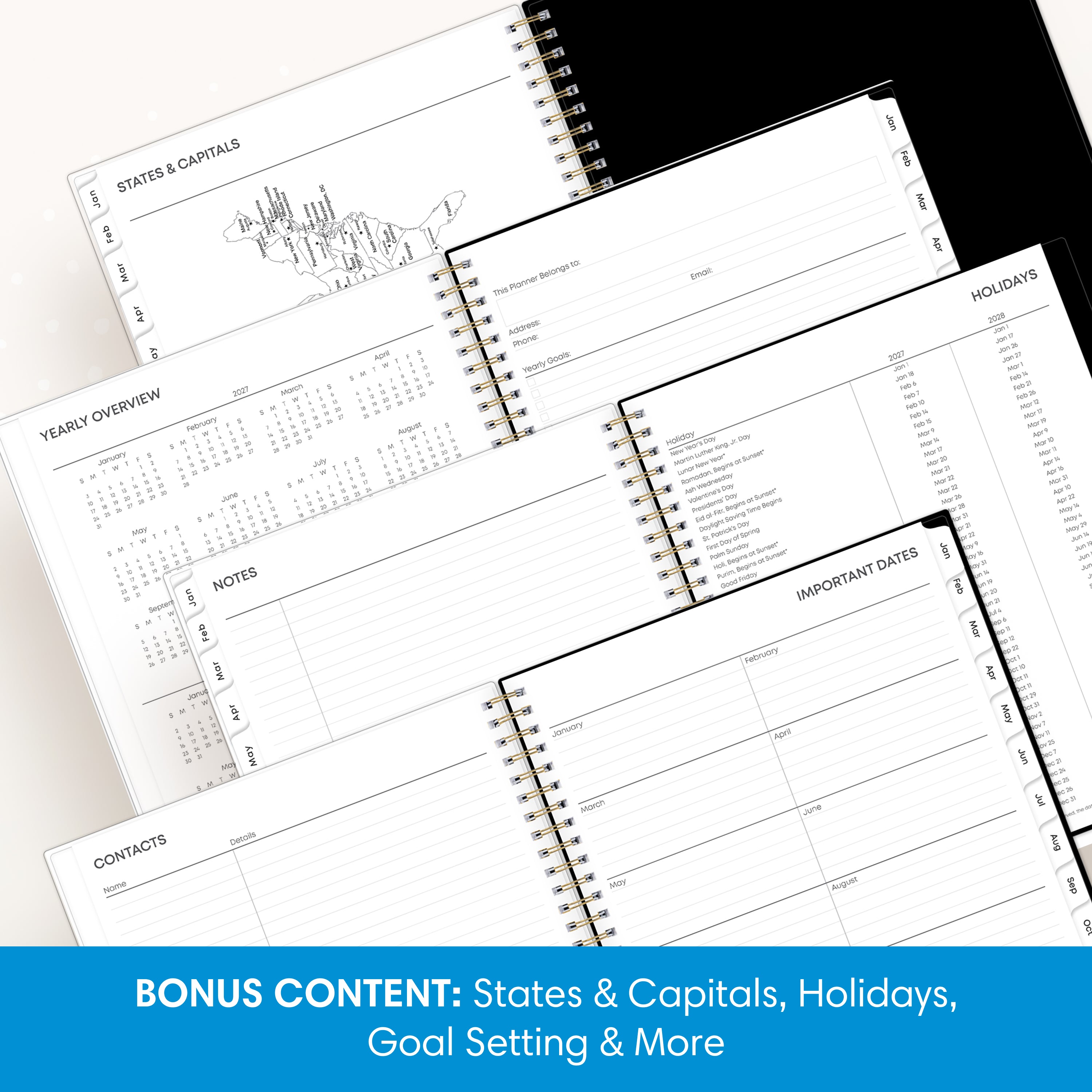 planner featuring bonus content like yearly overview, important dates, holidays, states and capitals